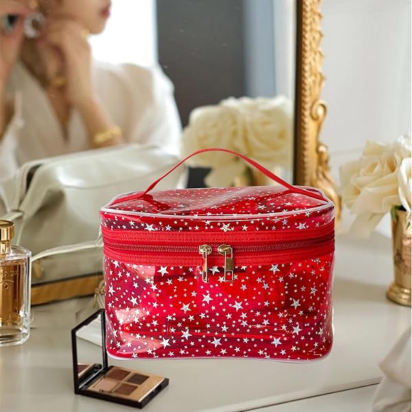 TotePrint Trousse de maquillage en PVC - Motif étoilé - Étanche - Forme carrée - 22 x 14 x 14 cm - Organiseur de maquillage de voyage - 1 pièce, Rose, Moderne - 4