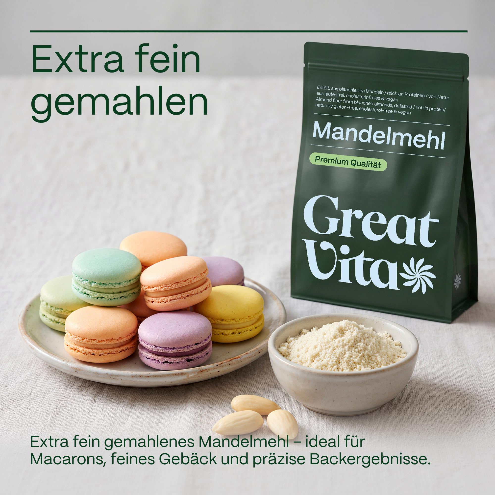 GREAT VITA Mandelmehl Blanchiert 1kg - Fein Gemahlene Mandeln, Nicht Entölt - Glutenfreies Low Carb Mehl zum Backen, Panieren & für Macarons | Vegan, Proteinreich, Naturbelassen