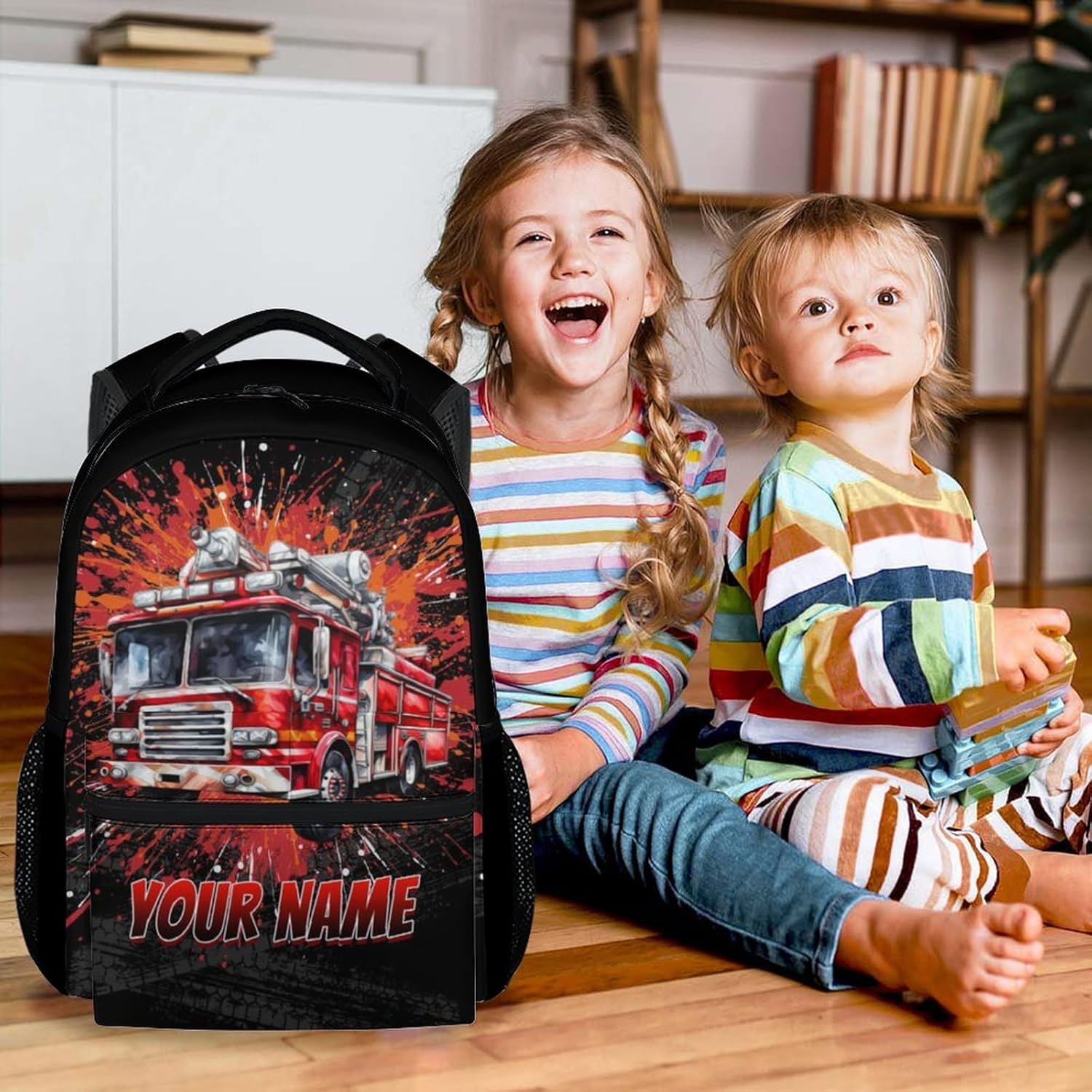 Custom Kids Backpack for Boys, 17 Inch Funny Fire Truck Bookbag with Pockets, Portable Lightweight Backpacks for Kindergarten Elementary School