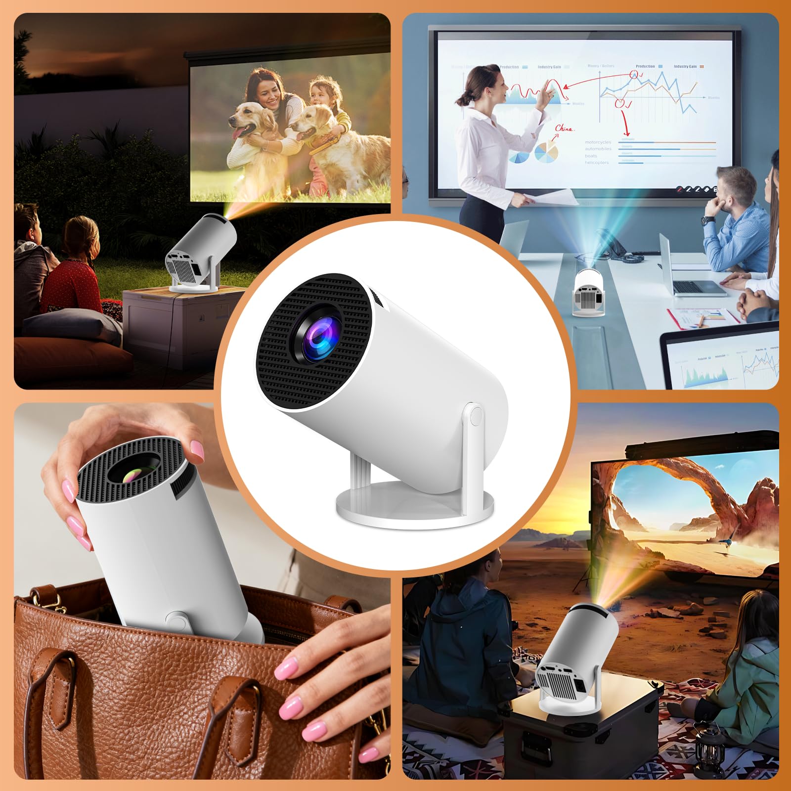 [App intégrée] Vidéoprojecteur 4K 1080P, Mini Projecteur Portable 180° Rotation WiFi 6 BT 5.4, Projecteur Full HD 1080P Auto Correction Trapézoïdale Horizontale