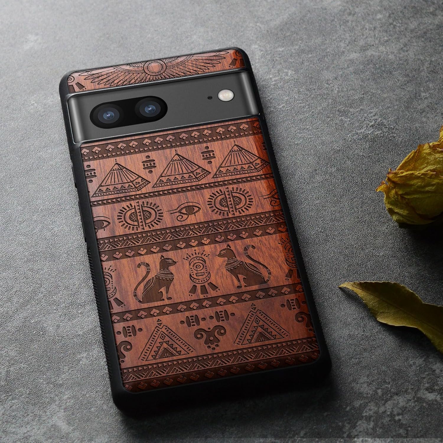 Carveit Wood Case for Pixel 7a Case [Natural Wood & Black Soft TPU] Shockproof Protective Cover Unique Wooden Phone Case Compatible with Google Pixel 7a (The Symbols of Egypt-Rosy)