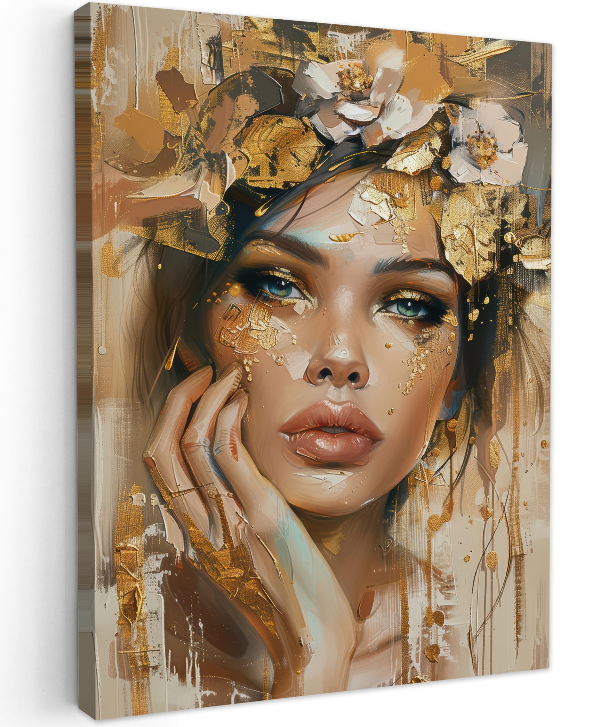 MuchoWow© Canvas Wall Art 20"x28" / 50x70 cm Decor Paintings Print framed on Canvas Pictures for Hallway Woman - Flowers - Gold - Portrait