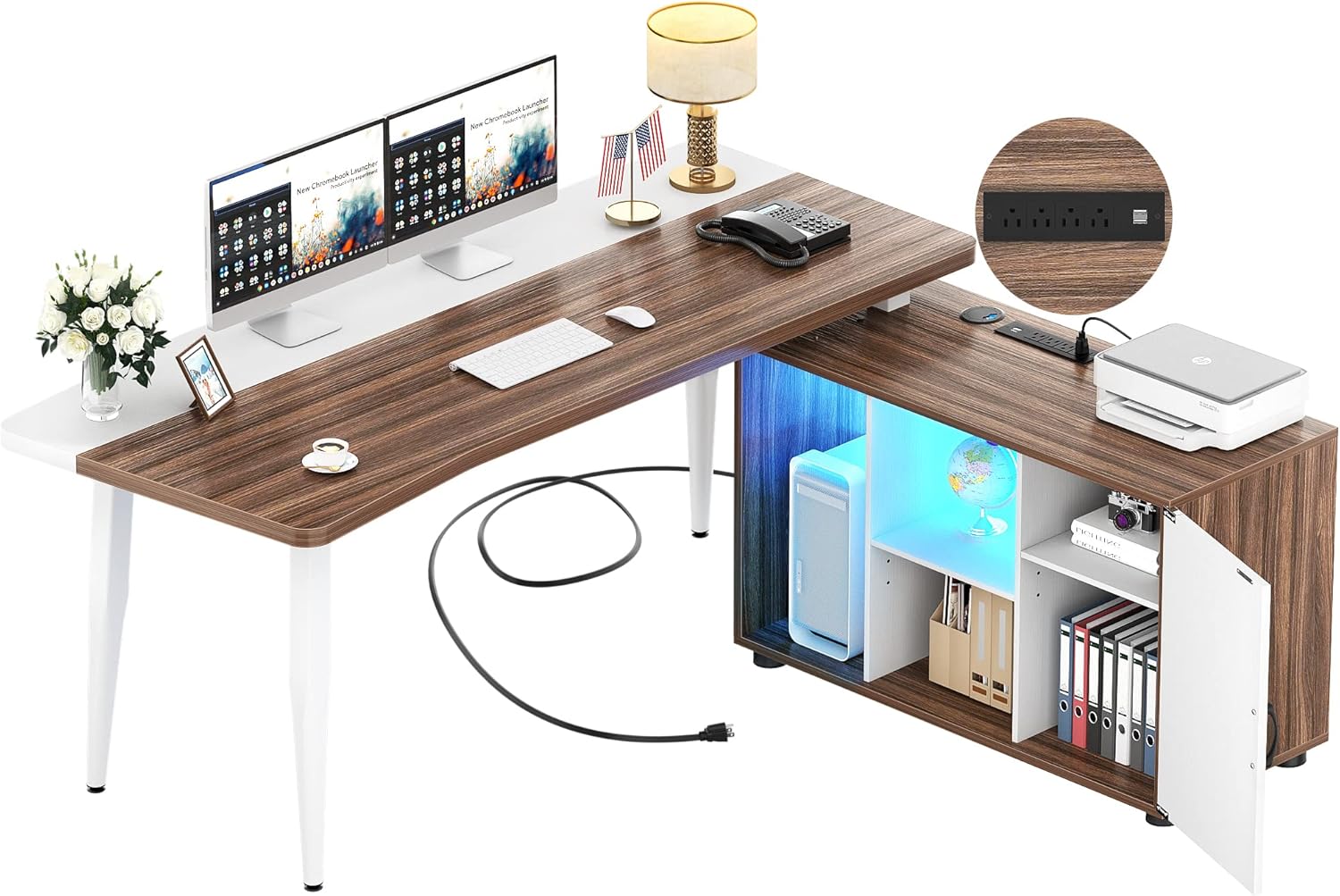 Unikito L Shaped Desk with Power Outlet and LED Light, Large LShaped Office Desk
