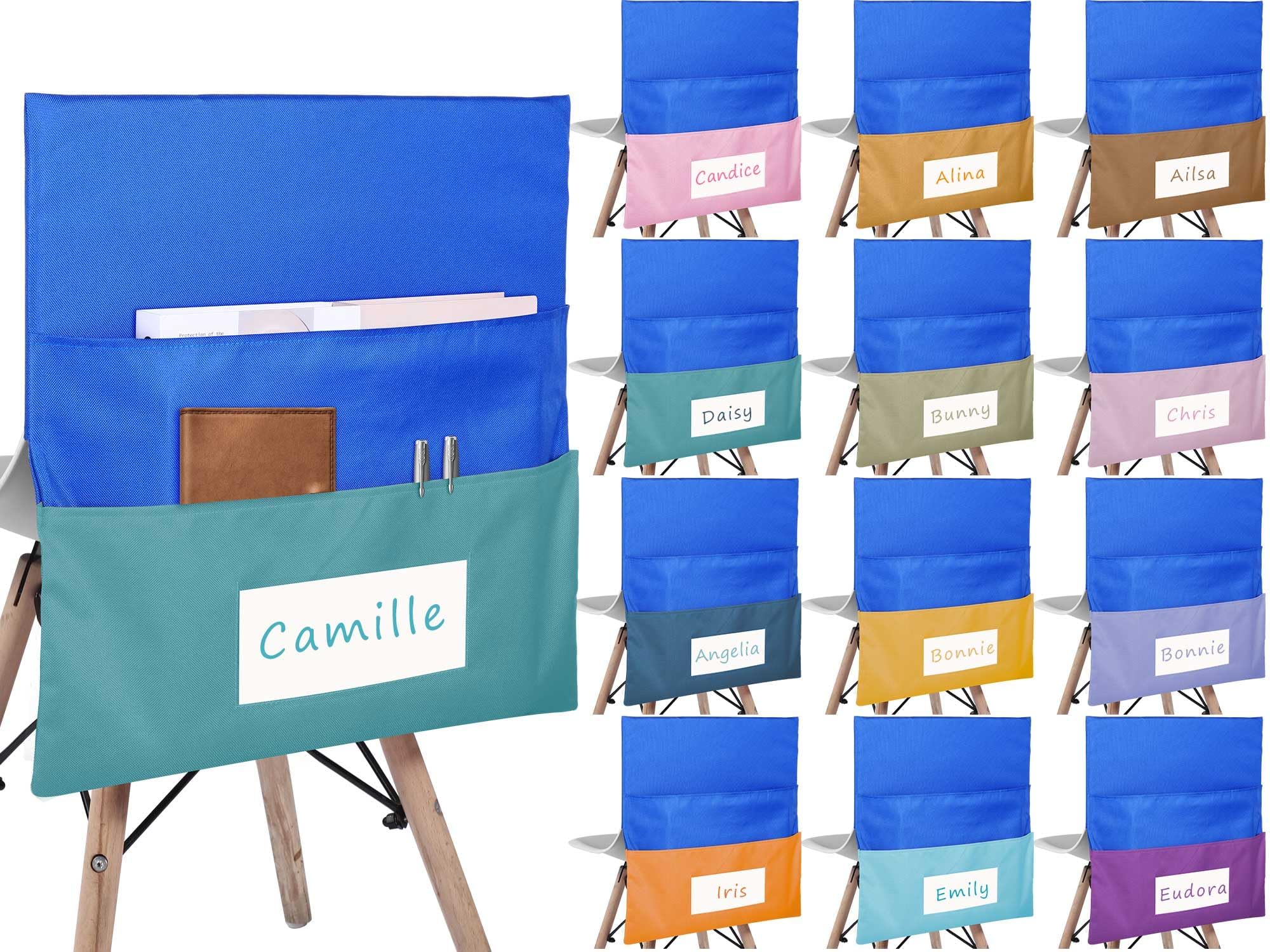 12 Pcs 17.3" x 20" Chair Pockets with Name Tag Slot Chair Storage Pocket Seat Back Classroom Chair Pouches Canvas Chair Organizer for Teacher Student School Office Home Organize, Fresh Color