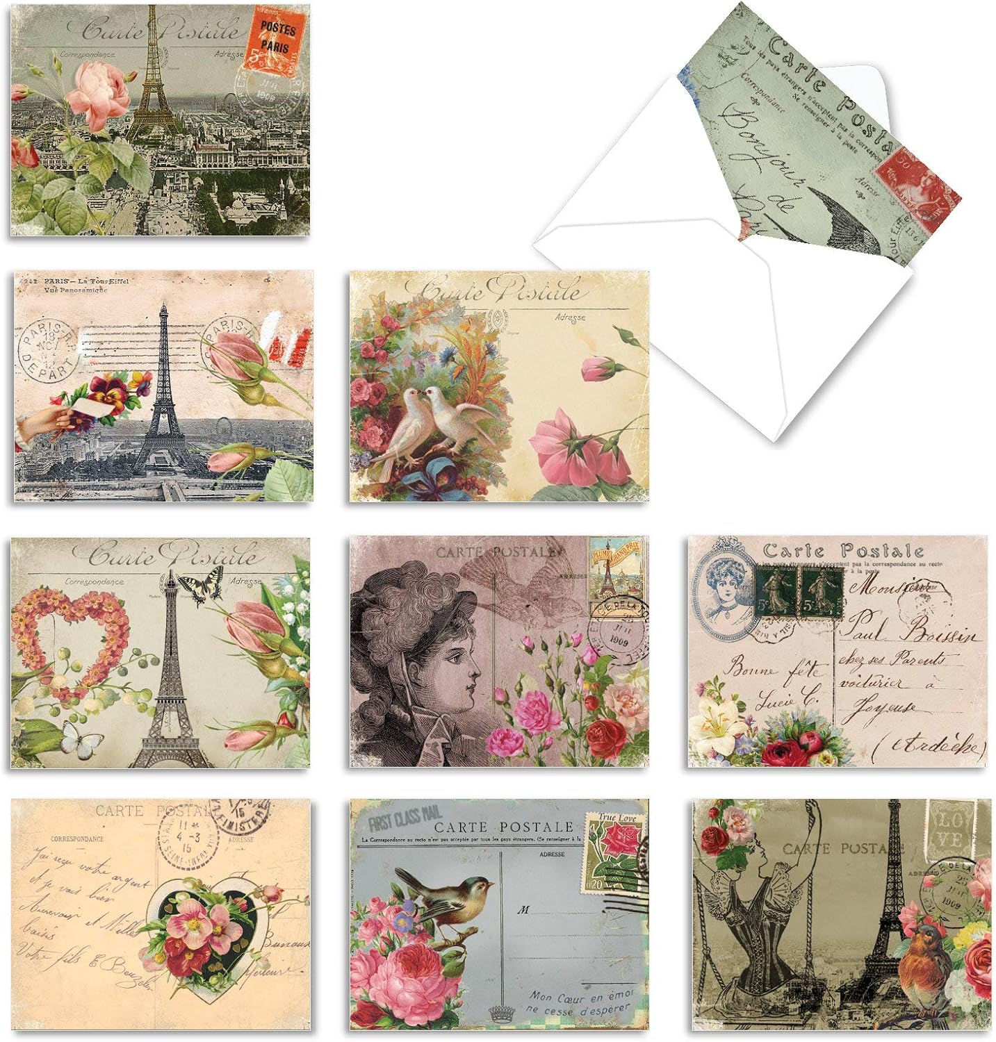 M2355TYG Parisian Cards: 10 Assorted Thank You Note Cards Featuring Vintage Collage Postcards with Images that Evoke Paris and the French Countryside
