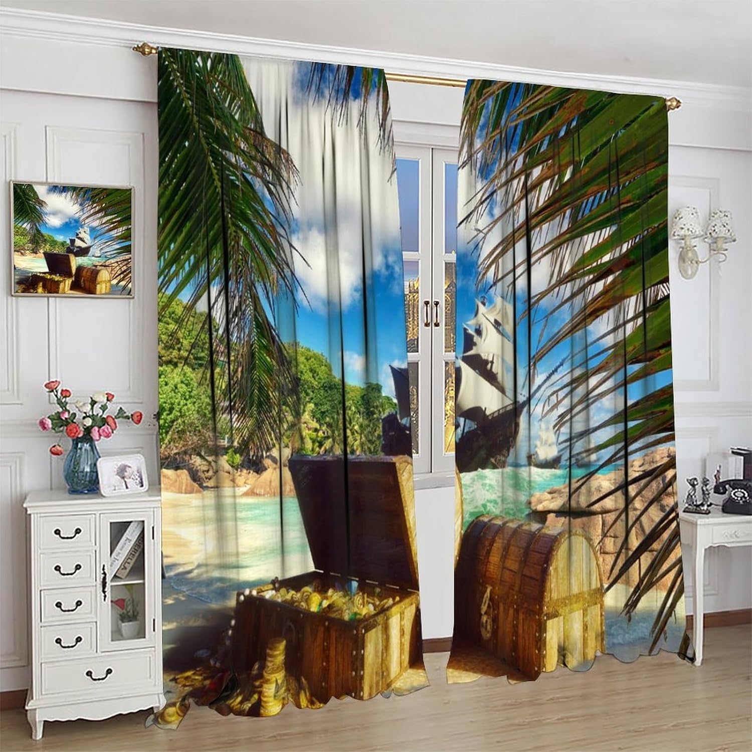 Brebasf Watercolor Pirate Ship Treasure Blackout Curtains Rustic Tropical Beach Coastal Palm Leaf Nautical Sailing Ship Window Thermal Insulated Darkening Rod Pocket Curtains 2 Panels 63" L x 27.5" W