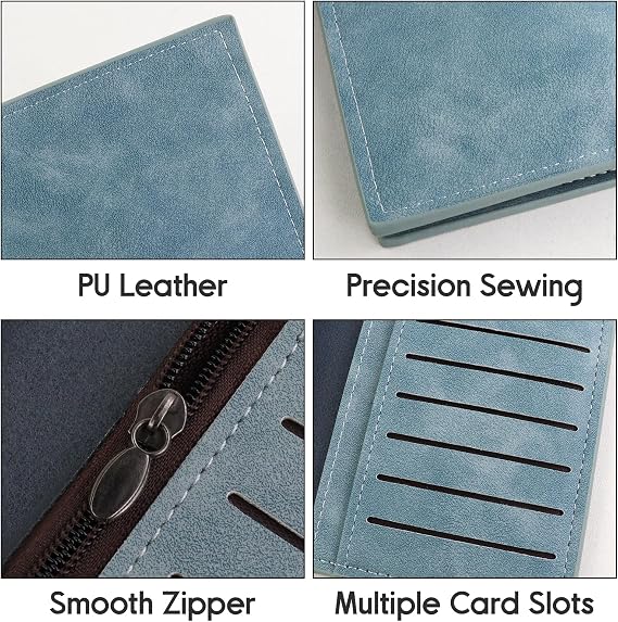 Mens Wallet, PU Leather Card Wallet Card Holder Wallet with Multiple Card Slots for Men, Long Bifold Travel Wallet Slim Wallet with ID Window for Travel, Date (B-light blue)