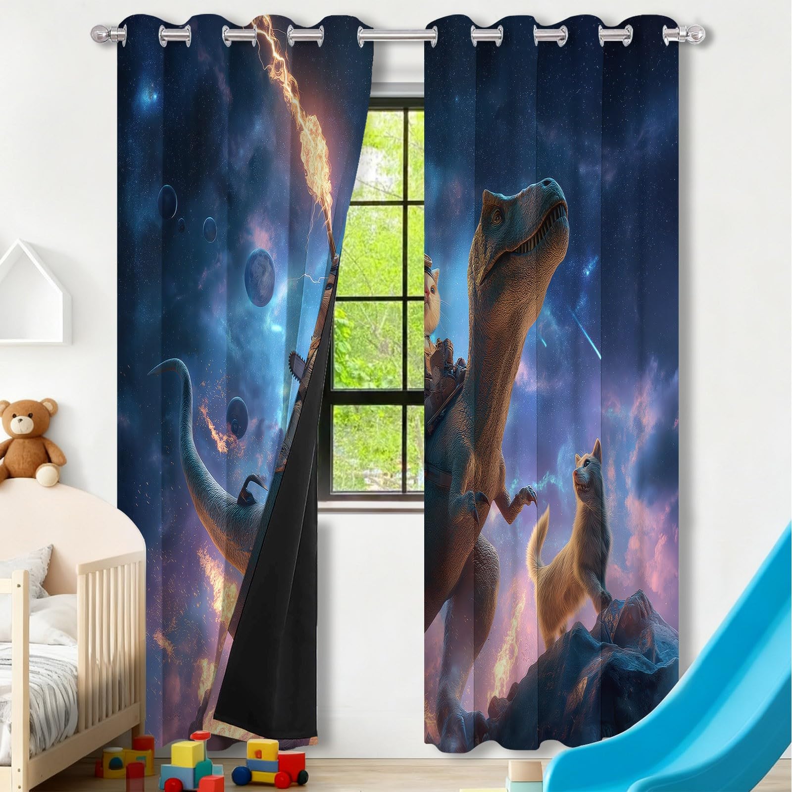 Générique Lot de 2 Rideaux Occultants Thermiques avec Oeillets, 100L X 220H cm Motif Fantastique Dinosaures Espace - Isolant Anti-Froid et Bruit pour Chambre Enfant et Salon Décoration Noir