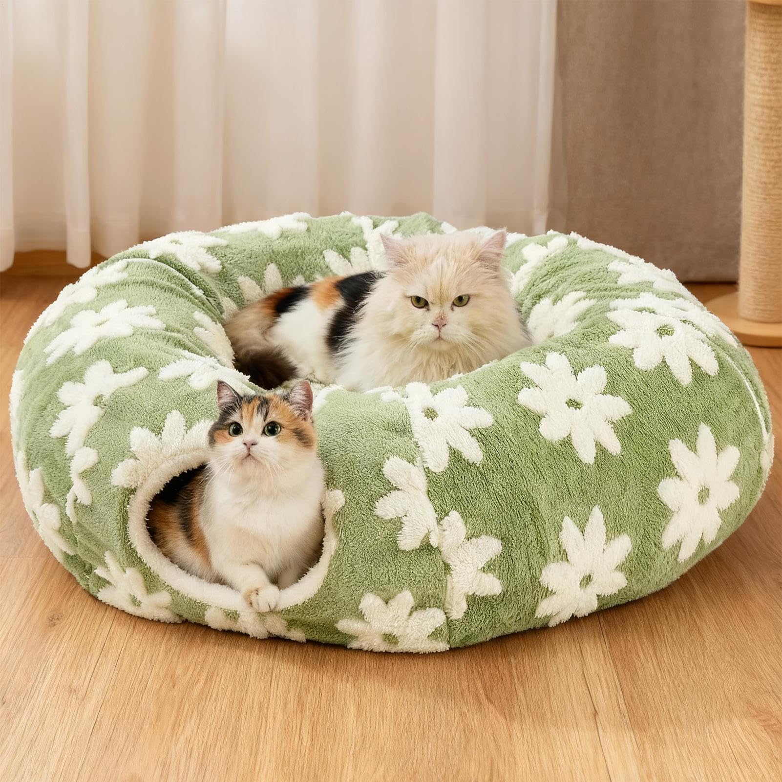 Katzen Tunnel Bett Waschbar Mit Ball Und Interaktiven Tunnelröhren | Blumen Design Plüsch Katzenröhren Und Tunnel Zum Krabbeln, Kratzen Und Zahnen Für Kätzchen Und Häschen Im Innen- Und