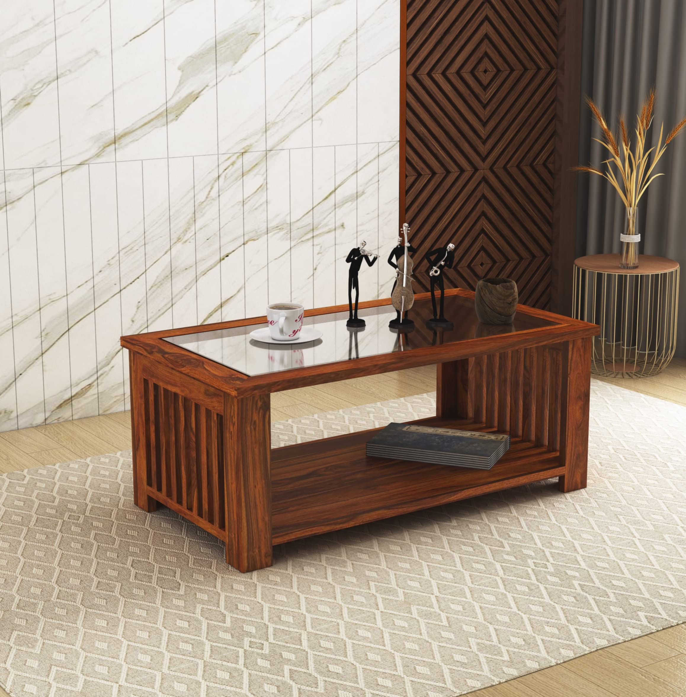 Ganpati Arts Solid Sheesham Wood Coffee Table with Glass Top and 1 Large Shelf Wooden Center Table for Home and Living Room (Natural Finish) 1 Year Warranty