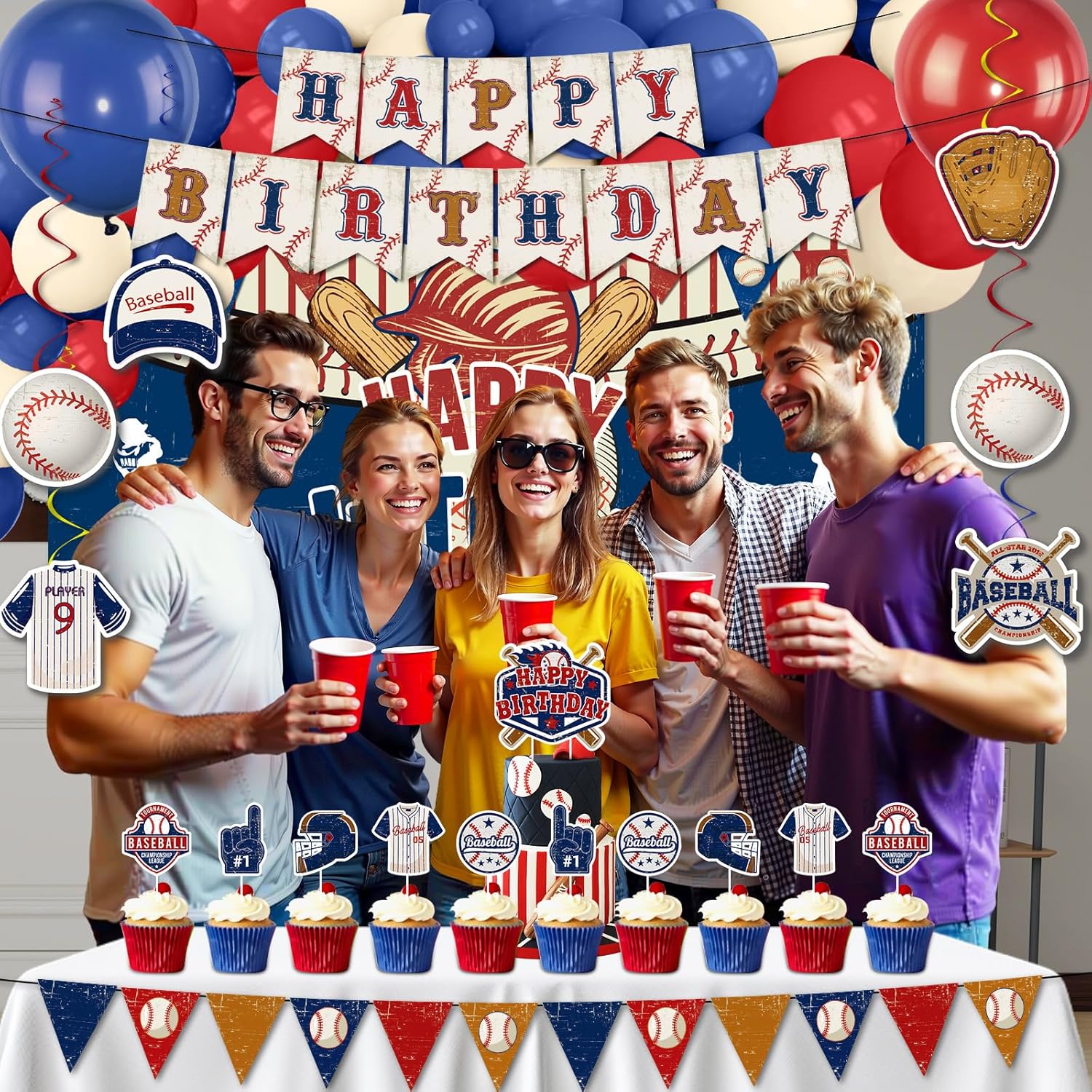 Baseball Birthday Decorations,Baseball Happy Birthday Banner Backdrop,Balloons,Cupcake,Cake Toppers,Hanging Swirls for Boys Girls Kids Men Women Vintage Sport Theme Party Supplies Decor - Image 3