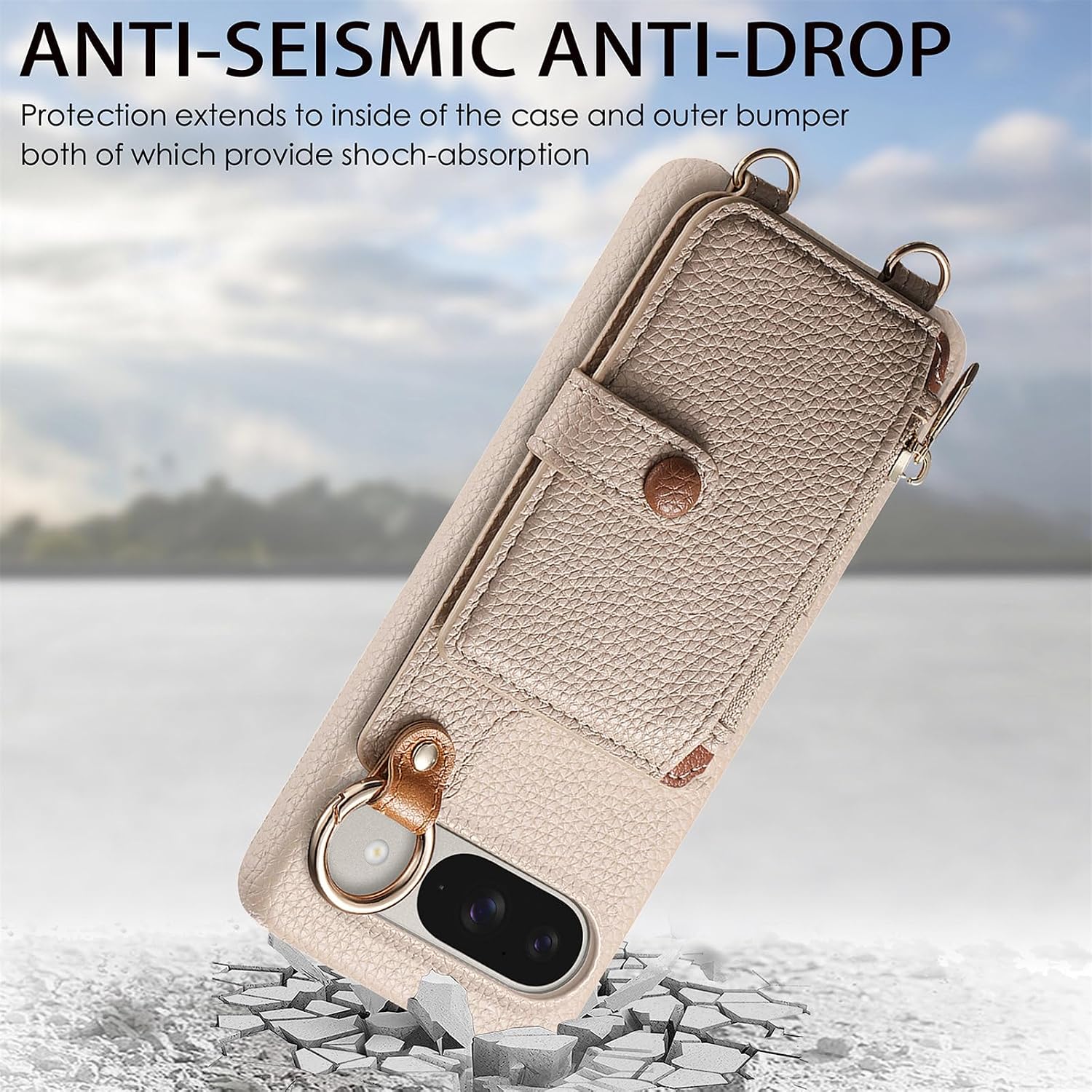 Wallet Case for Google Pixel 9 Pro XL with Lanyard Strap Card Slot Holder RFID Blocking 360° Ring Kickstand,Magnetic Flip Folio Zipper Purse Case, PU Leather Cover Handbag,Khaki