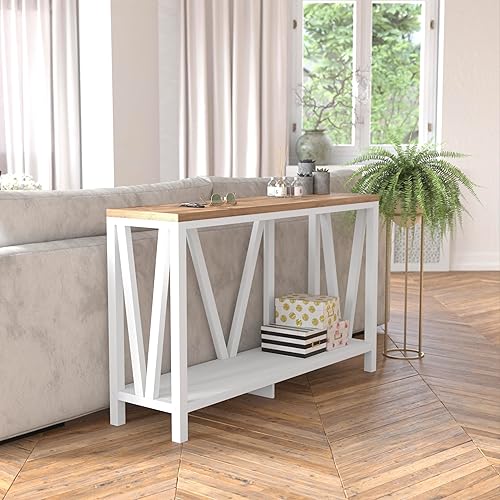 Miniatura 4 de BizChair Mesa consola de granja de 2 niveles, marco de madera de ingeniería con acabado cepillado lavado, mesa con acabado de roble cálido, para