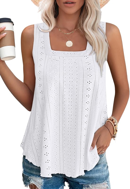 Camisetas sin mangas para mujer, cuello cuadrado, sin mangas, ropa de vacaciones en la playa, ajuste holgado, camisetas informales de verano