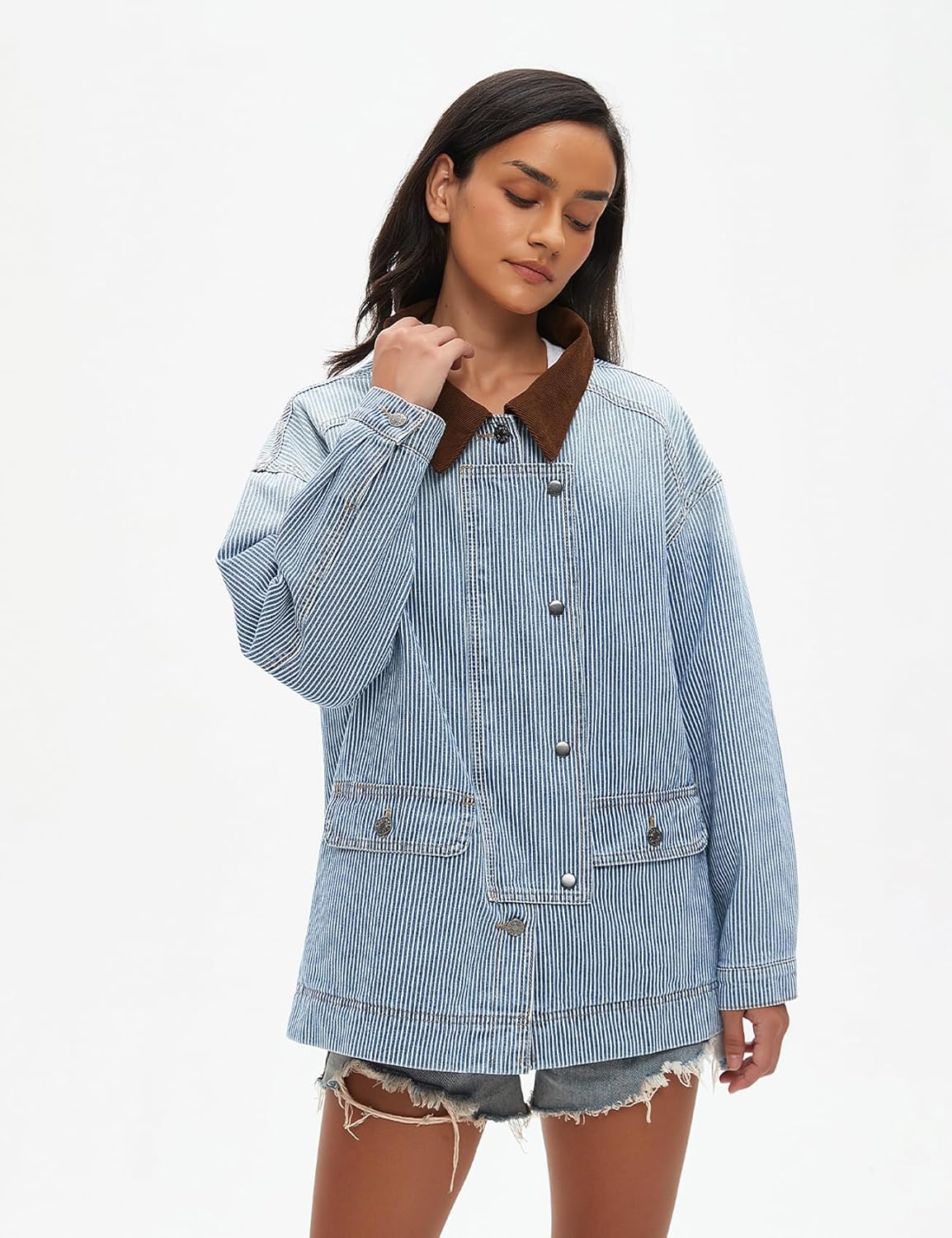 Kedera Women's Jean Jacket Striped Oversized Denim Jacket Long Sleeve Button Down Ladies Denim Coat Trendy - Image 6