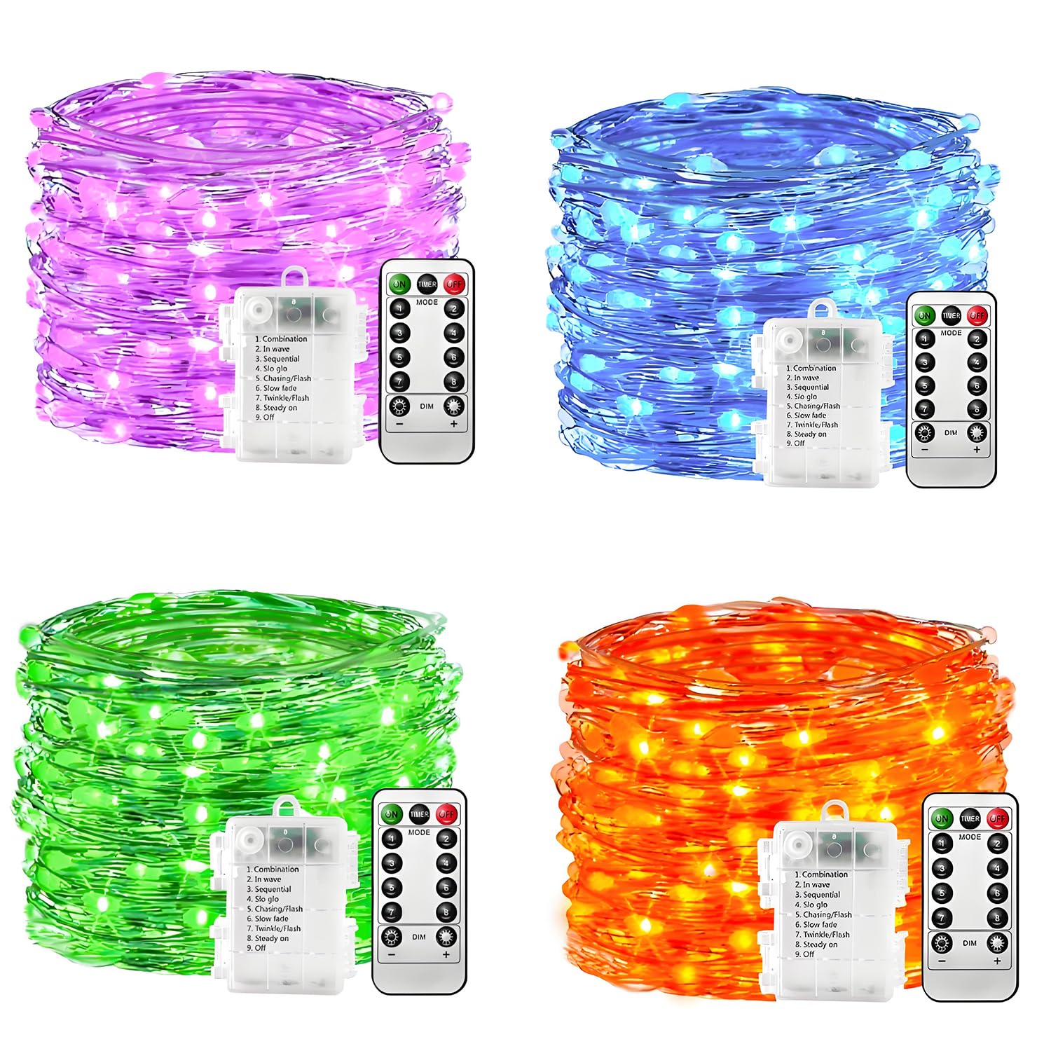 plainshe Lichterkette Batterie - 4 Stk Blau/grün/lila/orange, 10m 100 LED Silberdraht Micro Lichterkette Außen Wasserdicht 8 Modi Fernbedienung Timer für Weihnachtsbaum Außen Innen Garten Hochzeit t