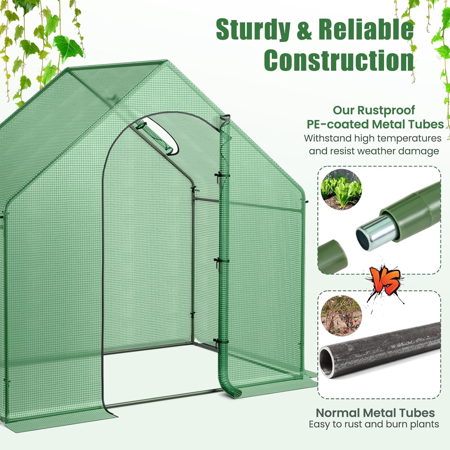 HAPPYGRILL Walk-in Greenhouse, 6 x 3 x 5.5 FT Portable Outdoor Green House for Winter w/ PE Cover, Rustproof PE-Coated Metal Frame, Roll-up Zippered Door, Window, Greenhouse for Outdoors