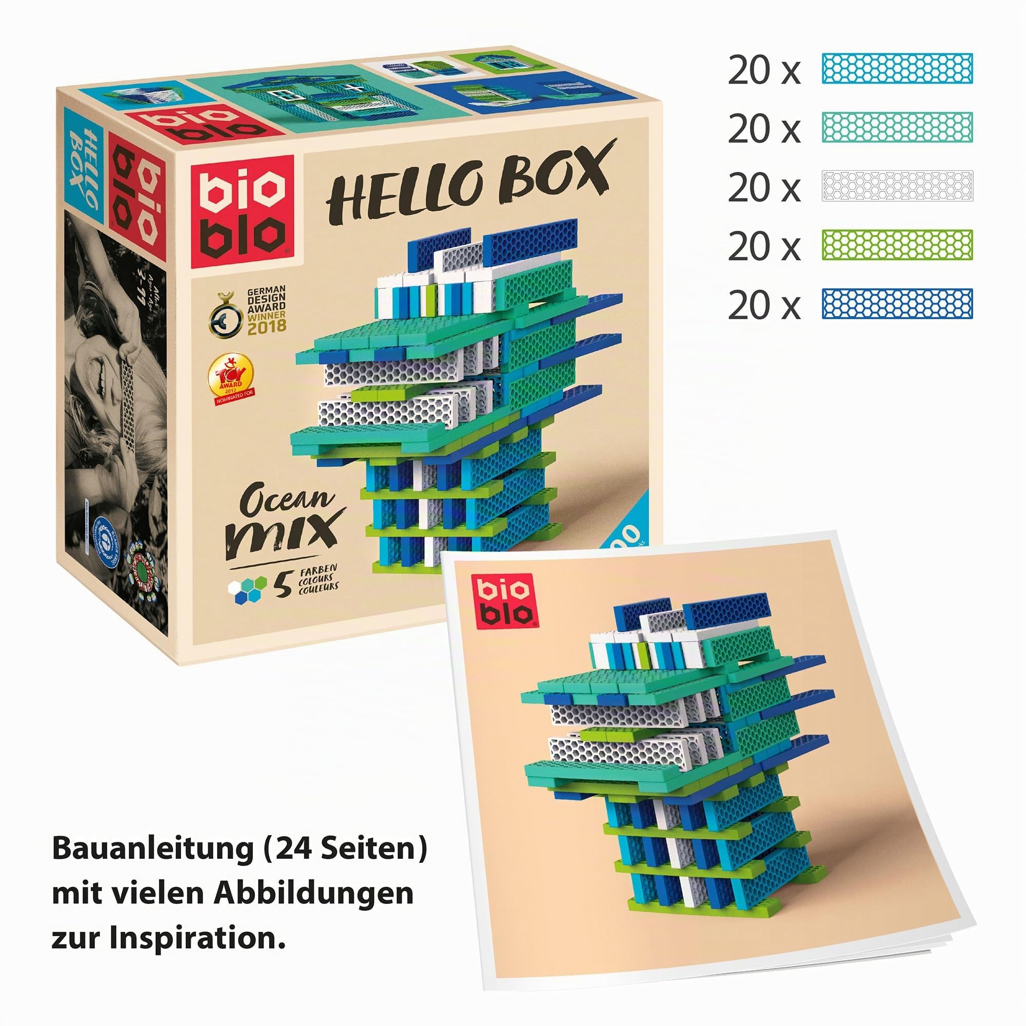 bioblo Hello Box Ocean Mix mit 100 Stück | Nachhaltige Bunte Bauklötze für Kinder ab 3 Jahren | Holzbauklötze Kinderspielzeug | STEM Montessori Spielzeug für Stapel- & Balancierspiele