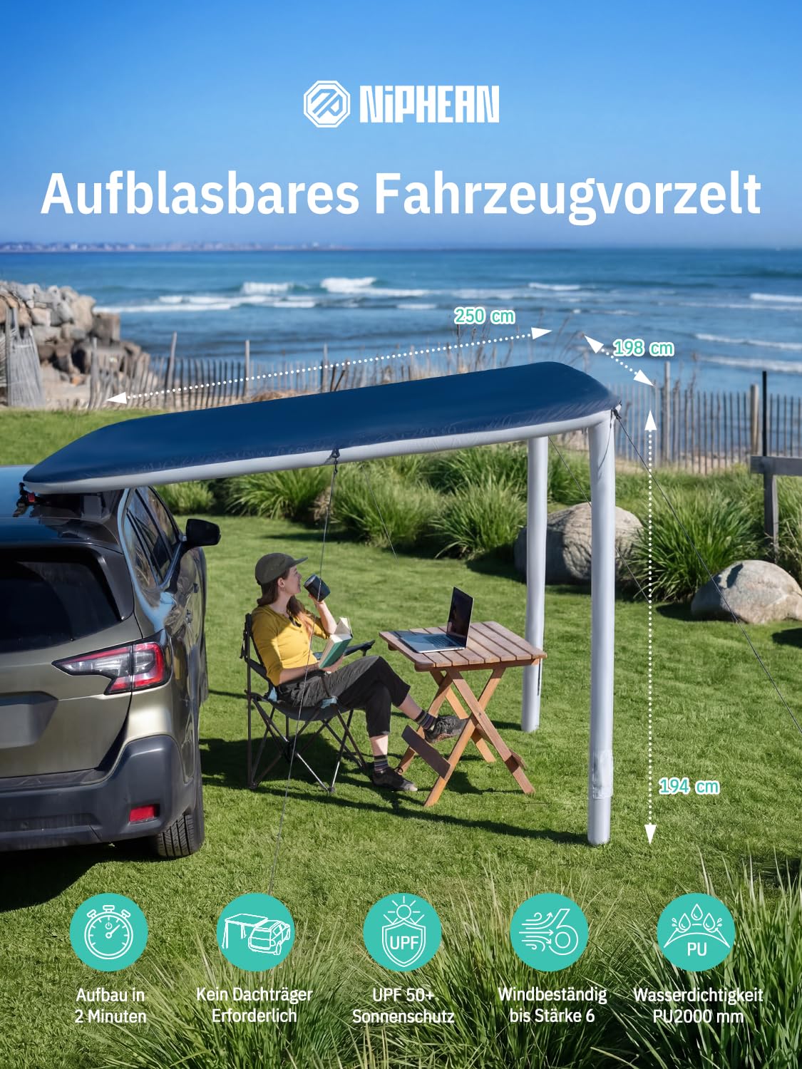 Niphean Auto Markise für SUV, Pickup & Van, 2-Min-Aufbau, Kein Dachträger Nötig, Aufblasbares Sonnensegel Wohnwagen 250 x 198 cm, Wasserdicht, UV50+, Windstabil Fahrzeug Markise