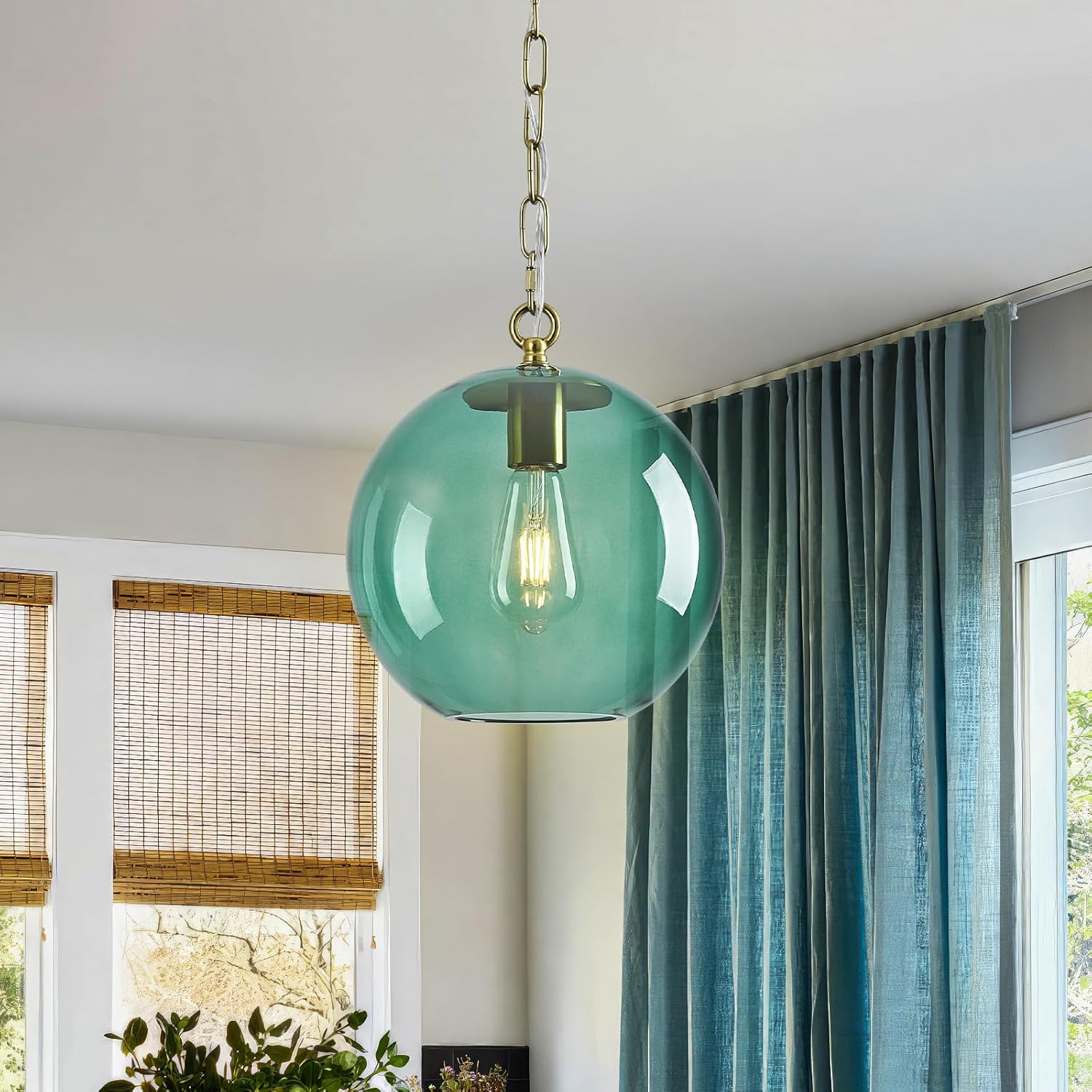 Gray Green Glass Pendant Light Fixtures,Modern Farmhouse Ceiling Hanging Lights Brass Finish Chain Globe Pendant Lights for Kitchen Island Dining Room Bedroom Light Fixture(9.84in, 1-Pack)