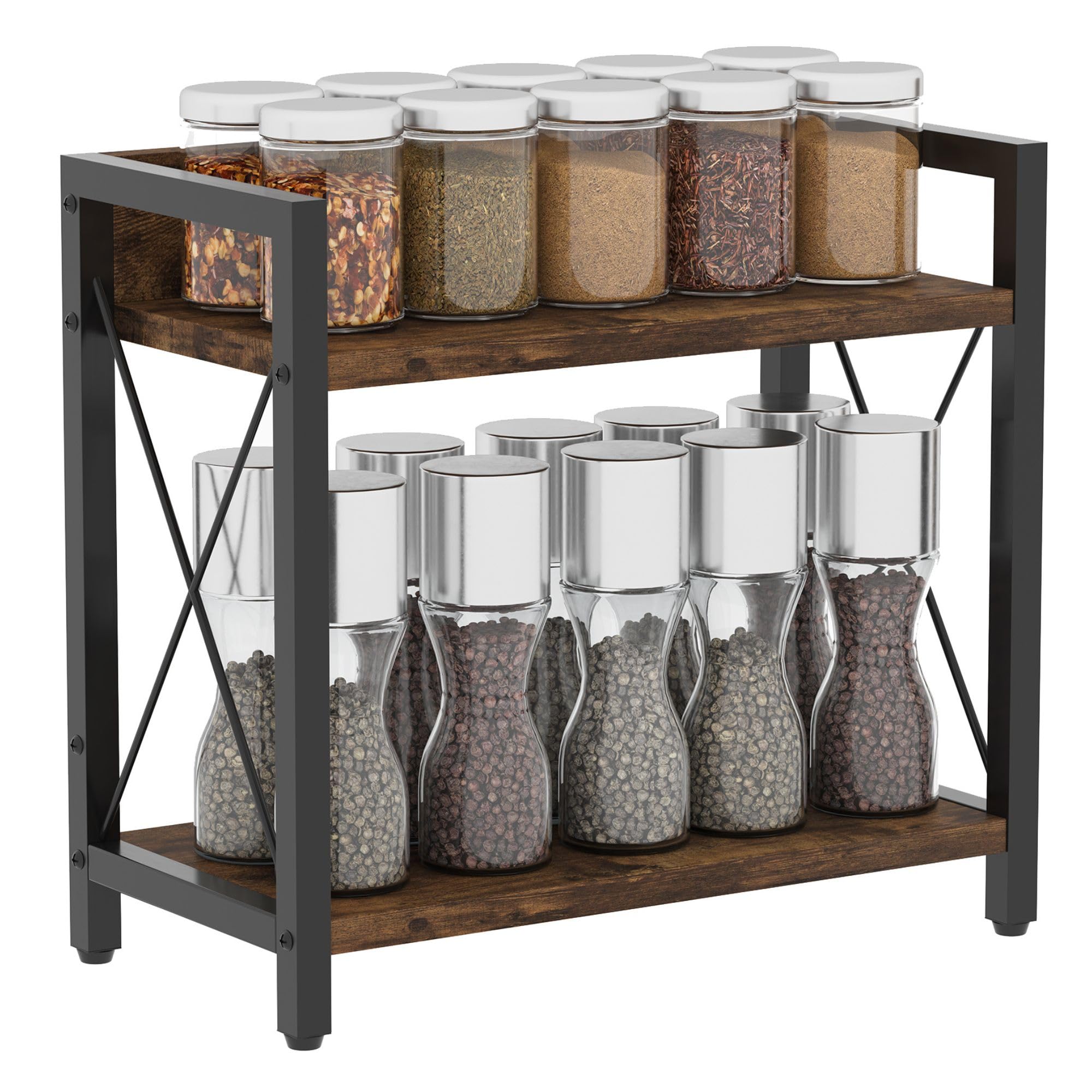 Woodluv Natural 2-Tier Spice Rack Organiser, Kitchen Countertop Free-Standing Spice Racks And Holders Storage - Multipurpose