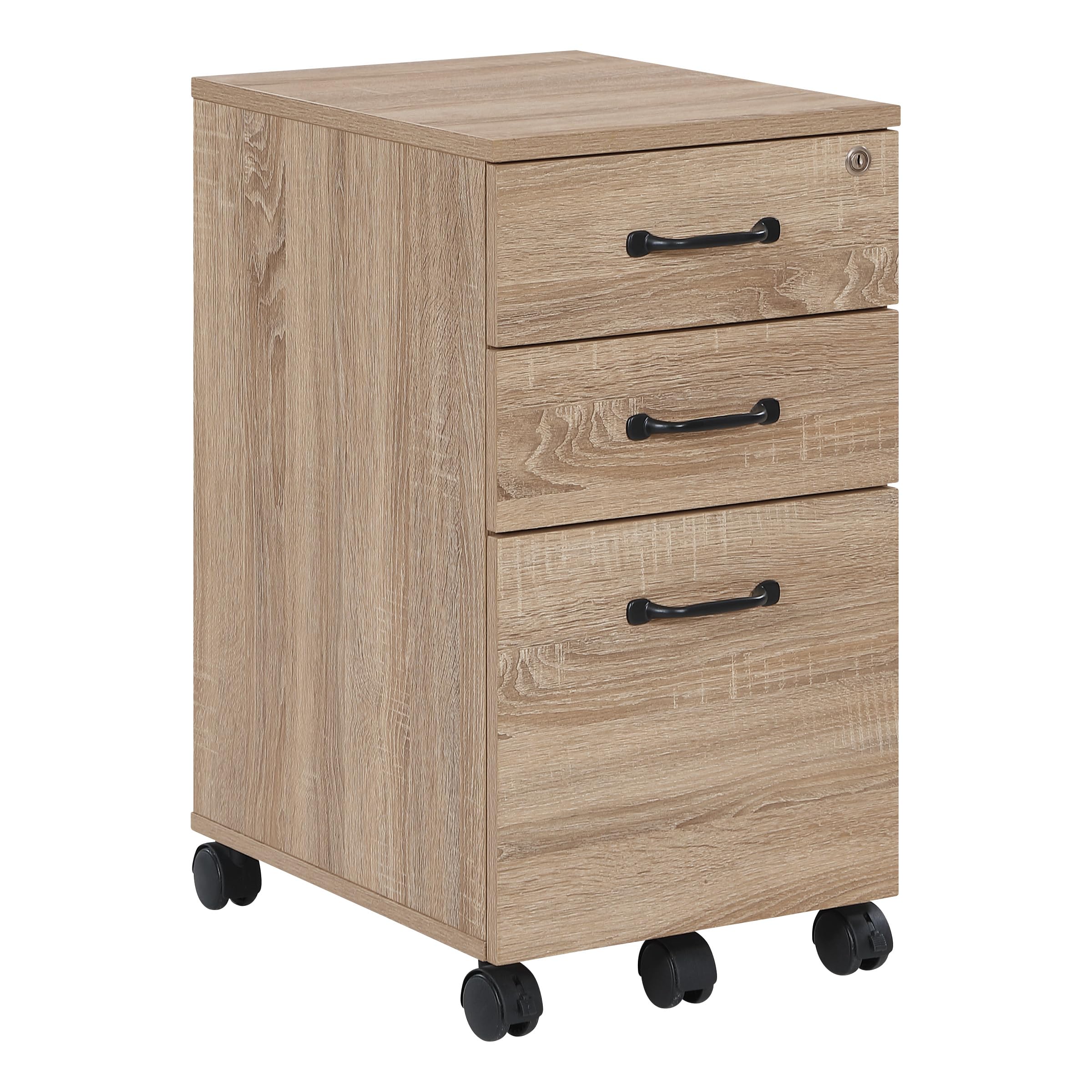 osp home furnishings ace 3-drawer mobile file cabinet, full extension slides, key lock system, rolling casters, 26.75x19x14 inches, river oak wood finish