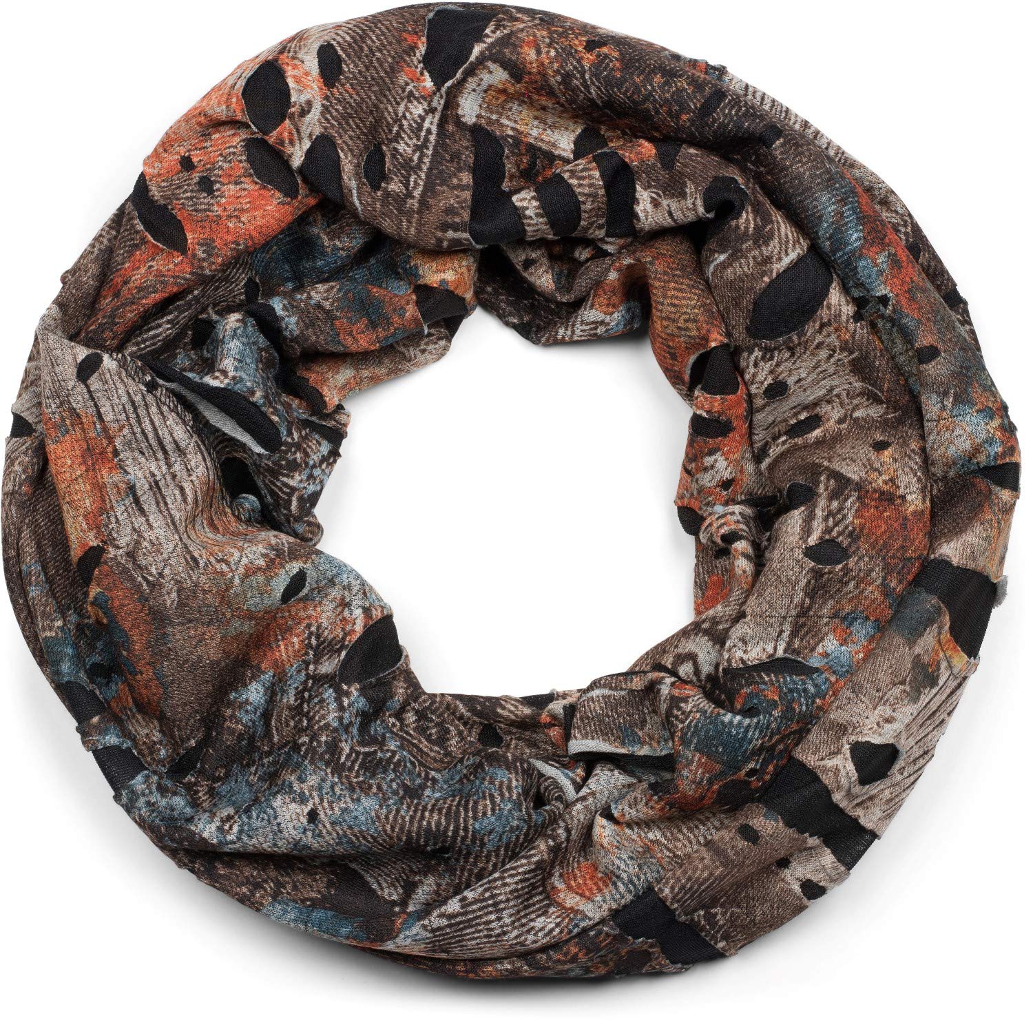 Stylebreaker Women's Darkbrown-Orange-Blue Splat-Style Loop Tube Scarf With Blots And Characters In Destroyed Vintage-Look, Unisex 01016119, Colour: