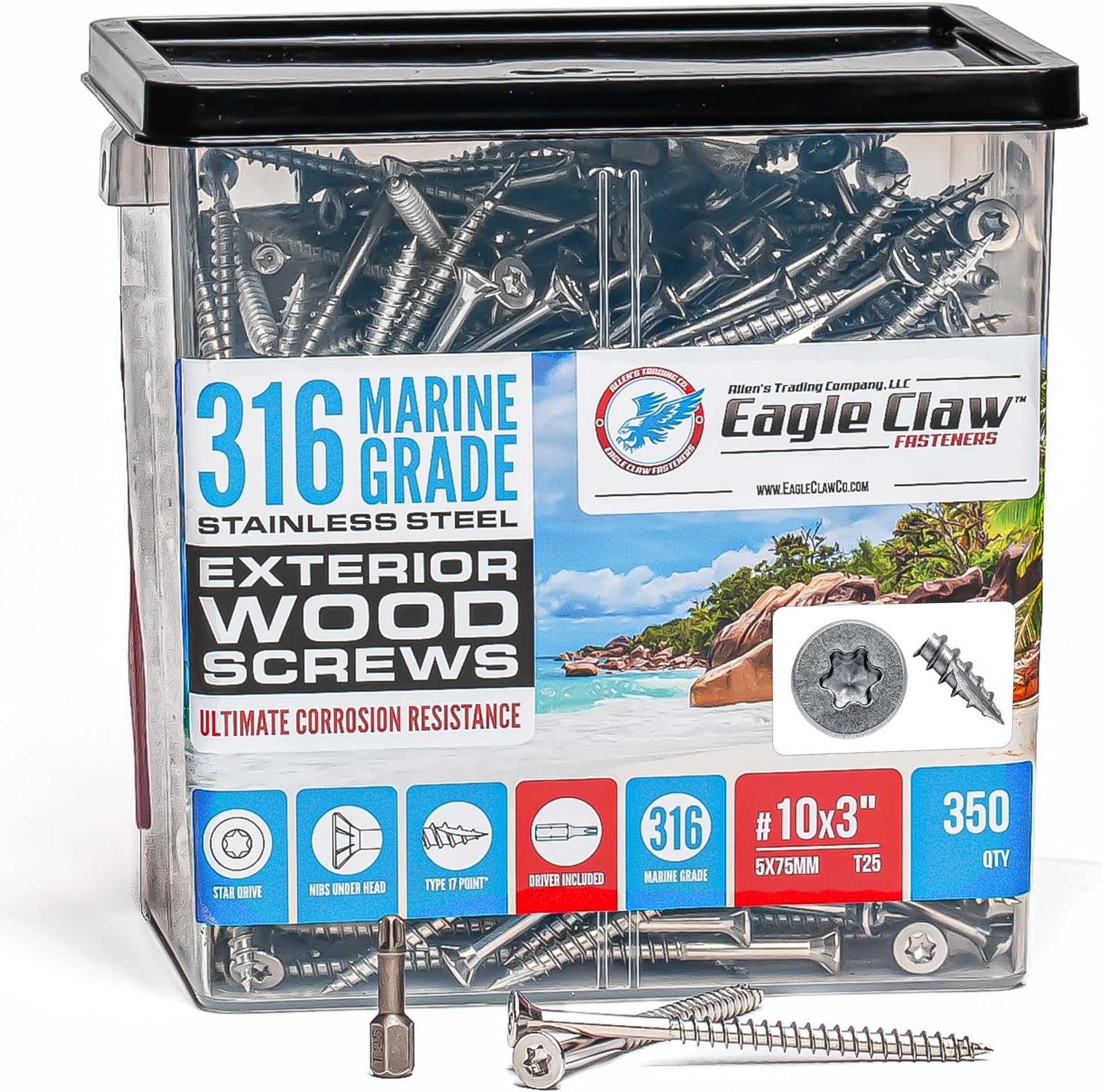 Allen's Trading Co. #10 x 3 Inch 316 Stainless Steel Screws Marine Grade (350 Pack, T25 Star) | Stainless Steel Wood Screws w/Driver Bit | High Corrosion Resistance for Coastal Construction