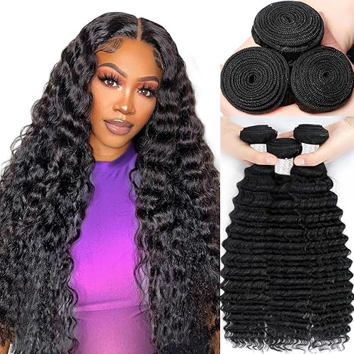 12A Human Hair Bundles 18 20 22 Inch Deep Wave Bundles Human Hair 100% Unprocessed Brazilian Virgin Deep Curly Weave 3 Bundles Hair Extensions for Women Natural Color