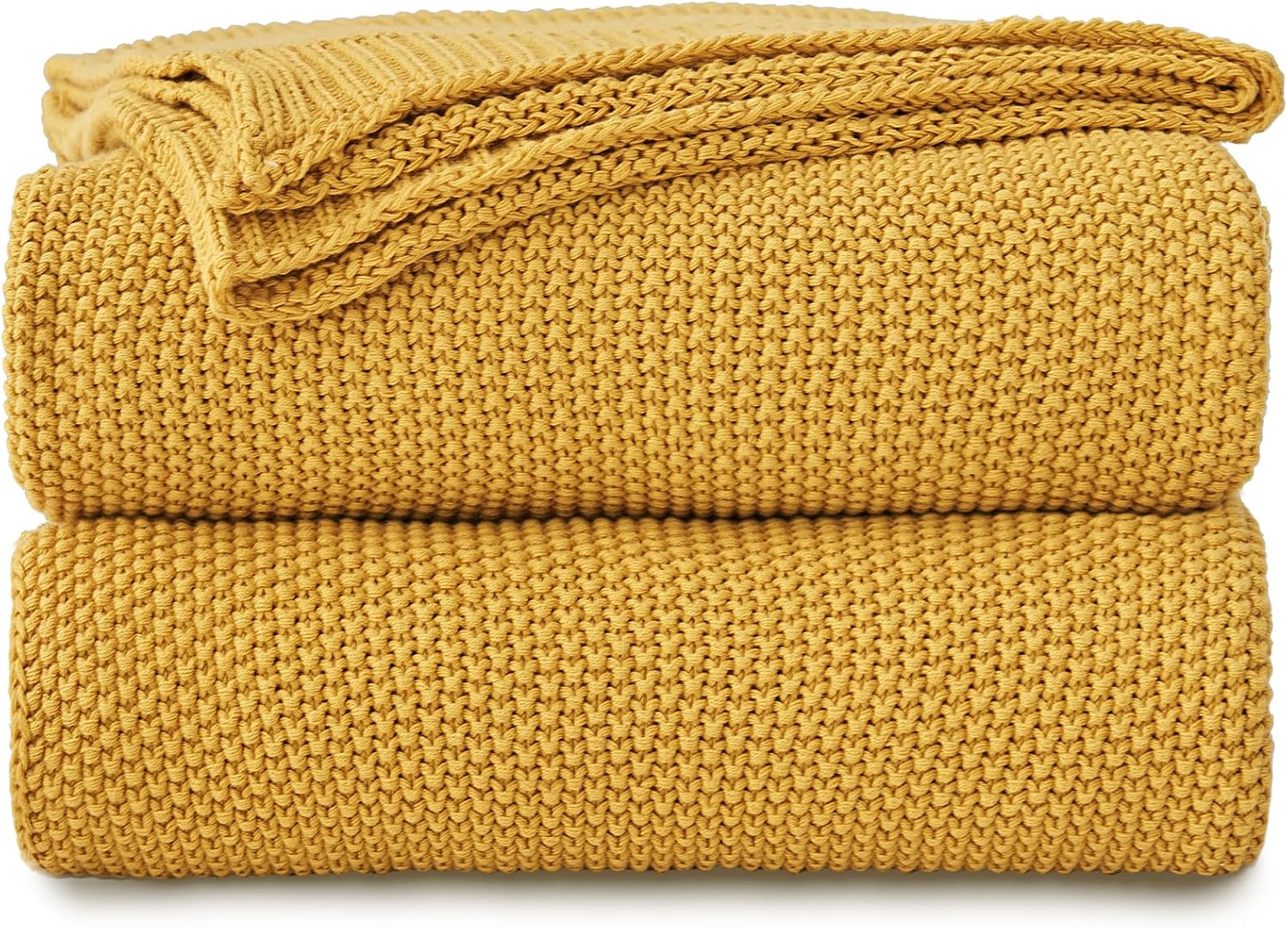 Longhui bedding Mustard Yellow Cotton Cable Knit Throw Blanket for Couch Sofa Bed, Home Decorative Lightweight Knitted Blankets with Bonus Laundering Bag, 60“ x 80”, Machine Washable
