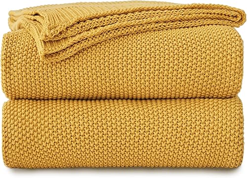 Longhui bedding Manta de punto trenzado de algodón amarillo mostaza para sofá, cama, manta de punto ligera decorativa para el hogar con bolsa de