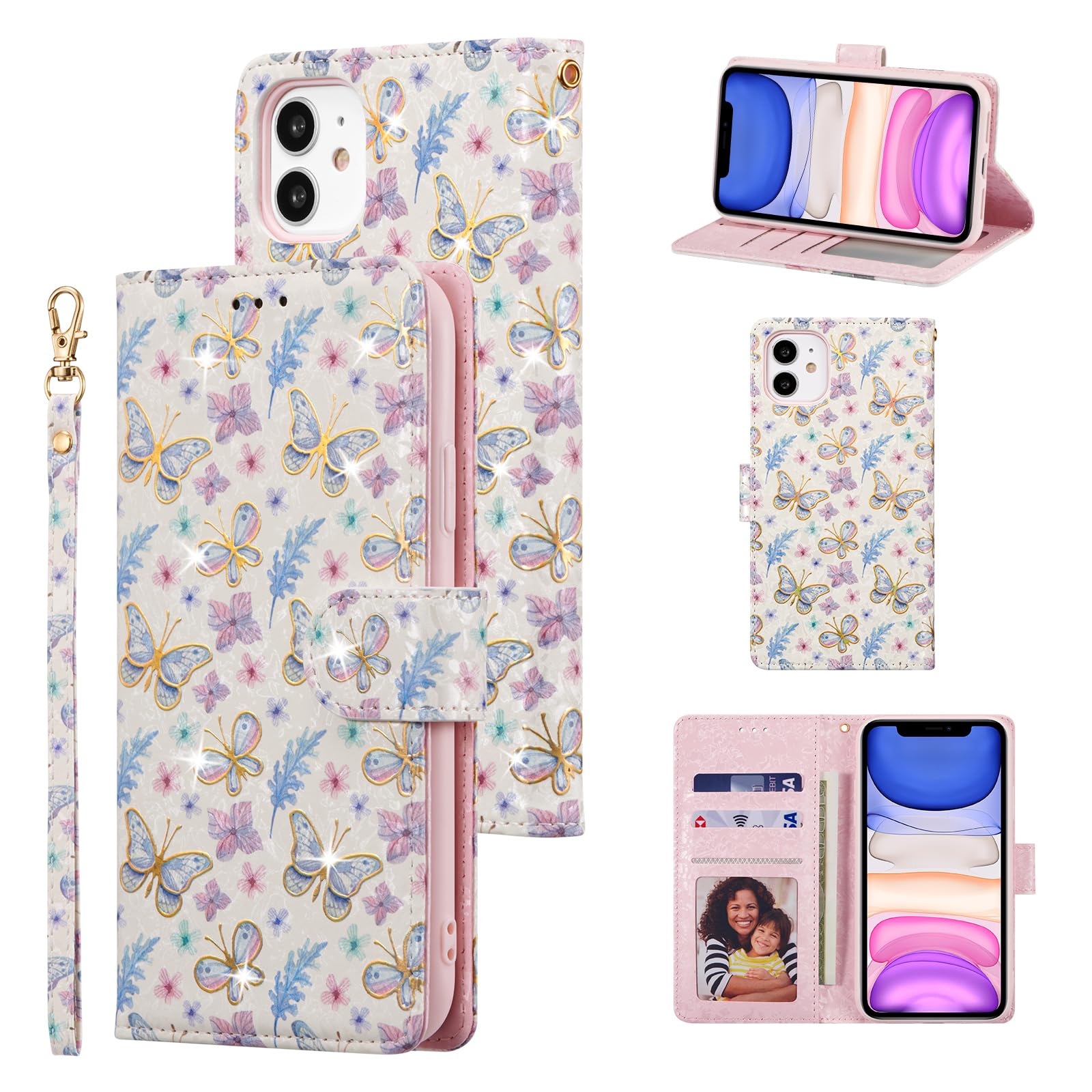 UEEBAI Wallet Case for iPhone 12/iPhone 12 Pro 6.1 inch, PU Leather Case Kickstand RFID Blocking Flip Case Card Slot Wrist Strap Relief Engraved