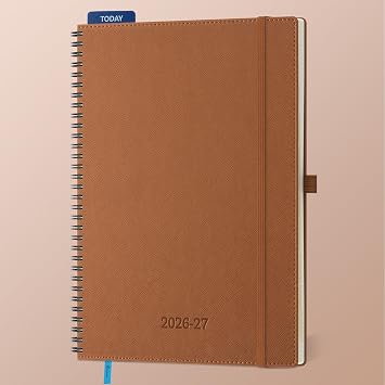 Planner 2026-2027 Daily Weekly and Monthly,11.5"x8.5",18 Months Spiral Bound Calendar Agenda with Self-adhesive Pen Holder,2026 Academic Plan with Vegan Leather Soft Cover,Brown