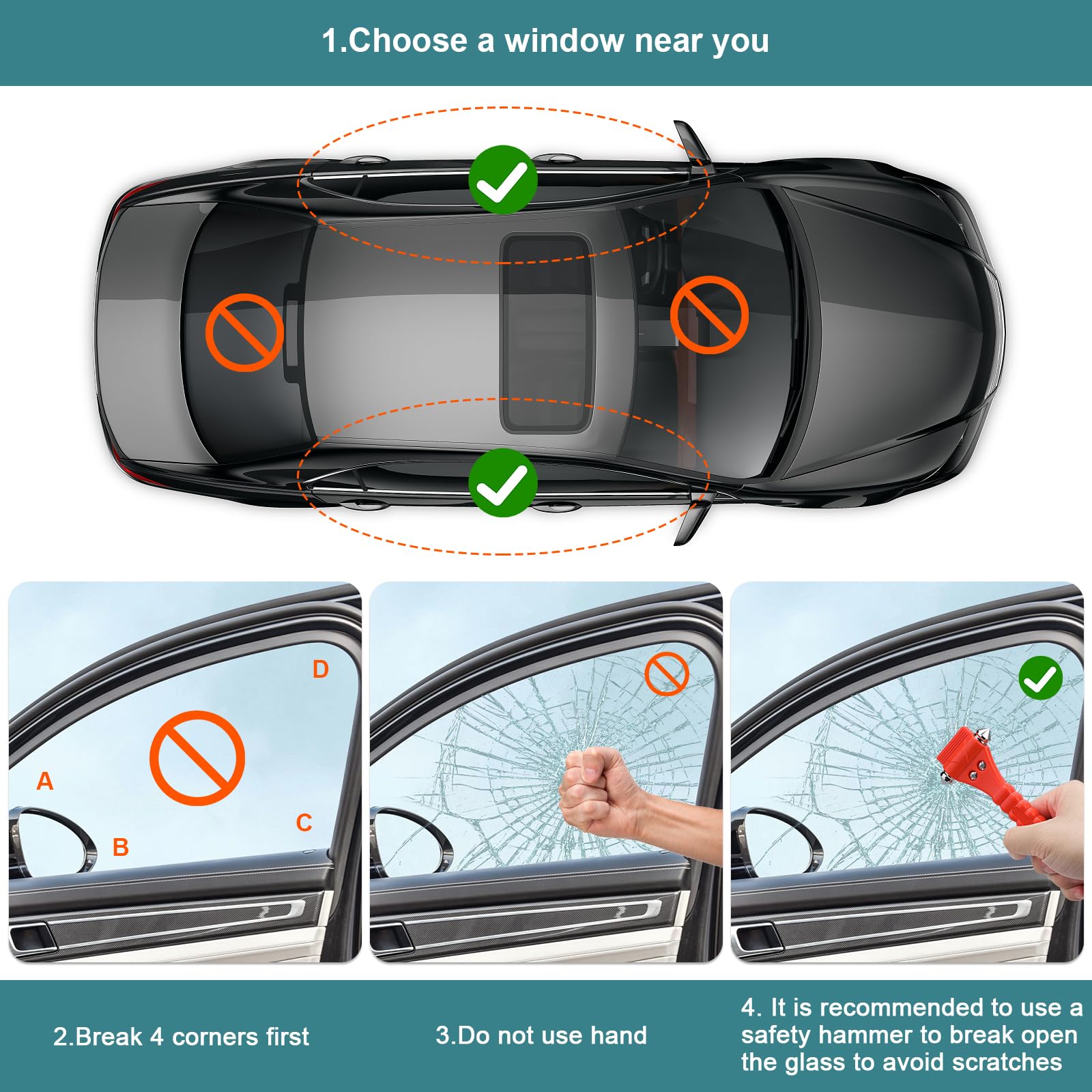 Lot De 2 Marteaux De Sécurité Voiture 2-en-1 – Brise-vitre + Coupe-ceinture | Urgence Accident, Testé TÜV