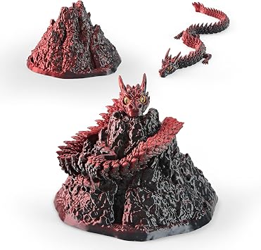 3D Printed Dragon Figurine with Volcano Base, Red and Black, 11.8 Inch, Articulated Crystal Dragon Desk Decor