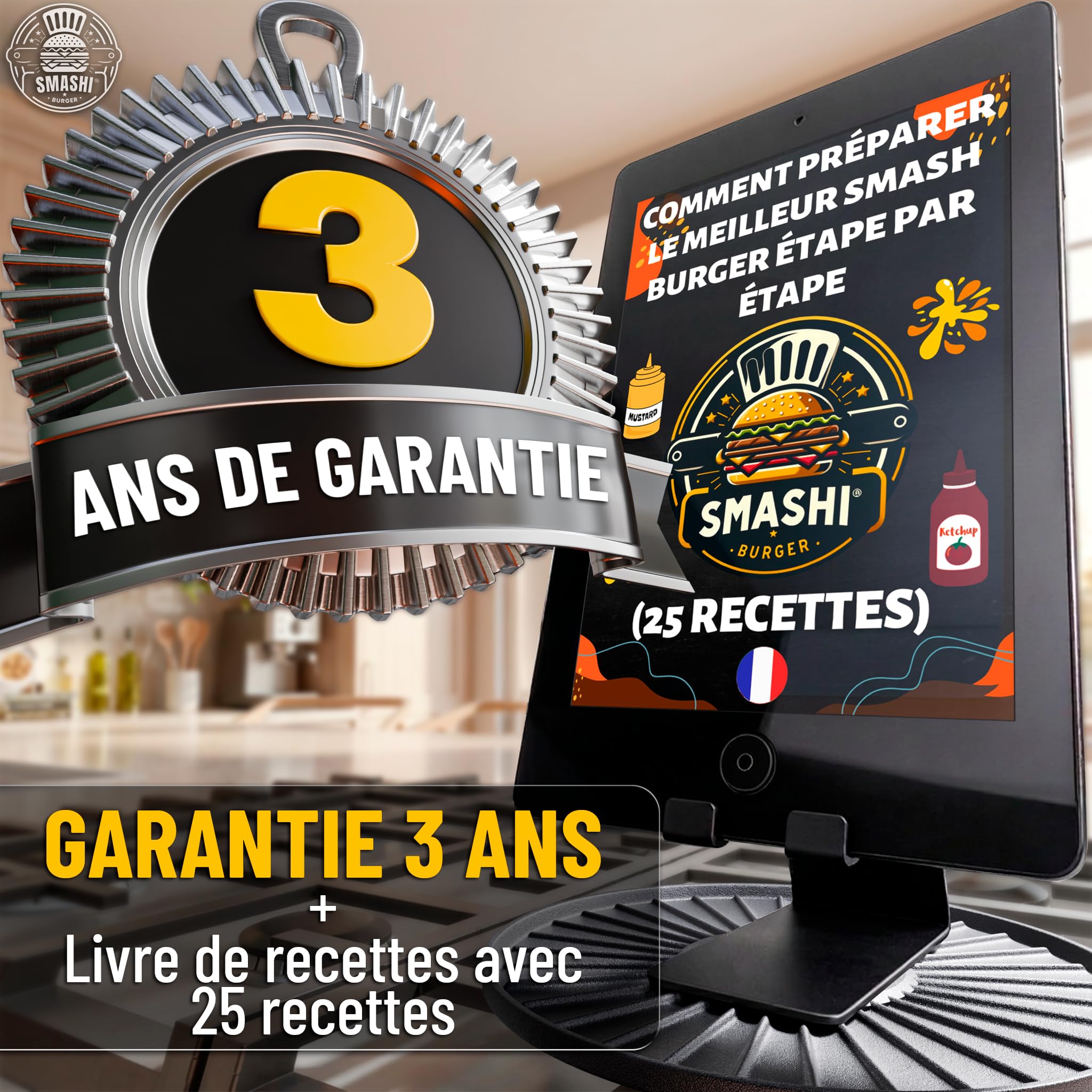 SMASHI® Smash Burger Kit de pièces Professionnelles en Acier Inoxydable 304 certifié EU Contact Alimentaire | Presse Smash Burger Anti-adhésif | Le véritable kit Smash Burger (Professionnel)