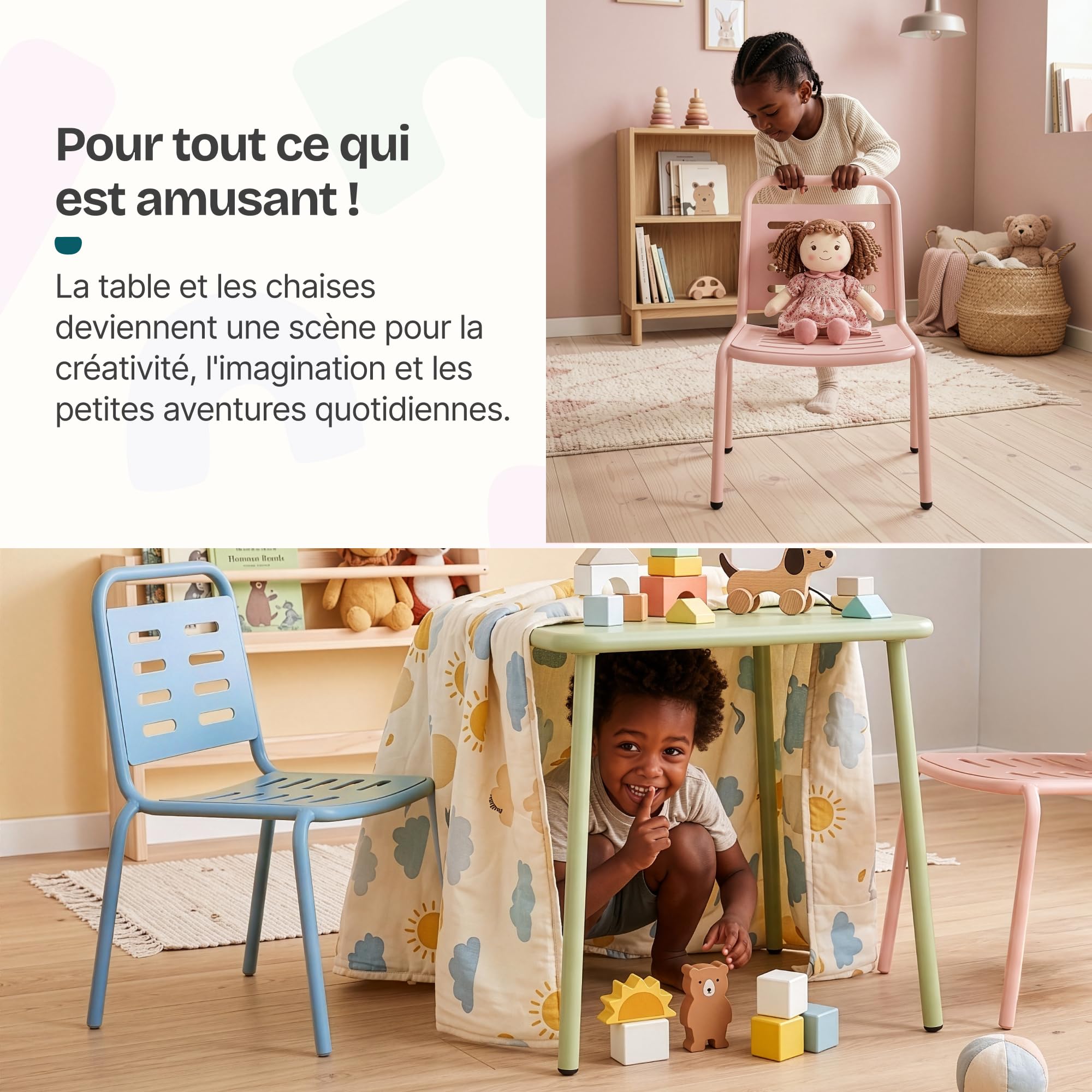 casa.pro Ensemble de Table et 2 Chaises pour Enfants Extérieur Intérieur Jardin Résistant Bords Arrondis Pieds Antidérapants pour Manger Jouer Acier Bleu Ciel Rose Pêche Vert Sauge