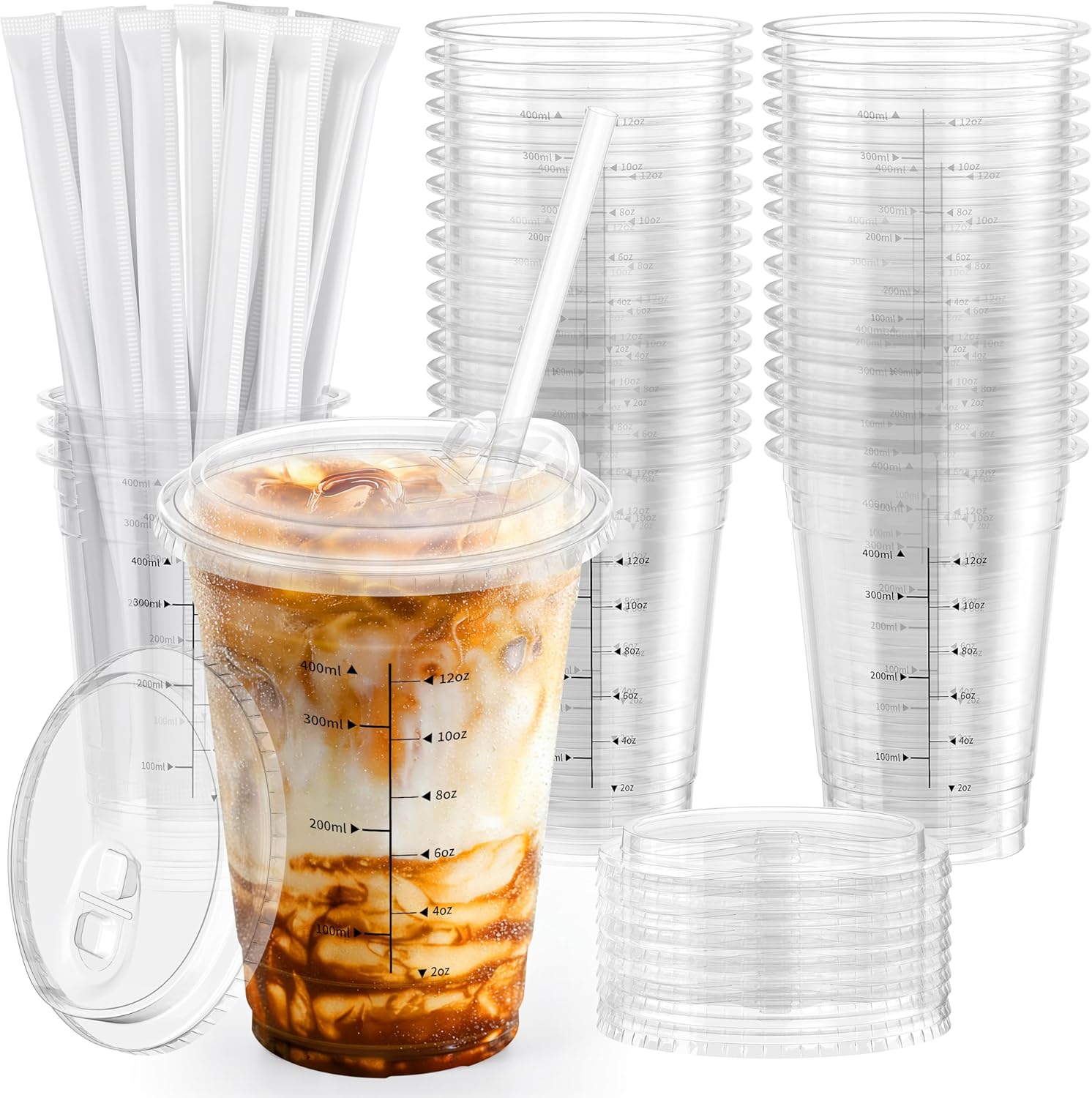 100 Pack - 16 oz Ratio Lines Iced Coffee Cups with Lids & Straws – No Guessing for Consistent Drinks, Disposable Clear Plastic Cups with Lids and Straws for Coffee, Smoothies, Juice, Parties Food Safe