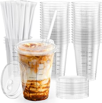 100 Pack - 16 oz Ratio Lines Iced Coffee Cups with Lids & Straws No Guessing for Consistent Drinks, Disposable Clear Plastic Cups with Lids and Straws for Coffee, Smoothies, Juice, Parties Food Safe