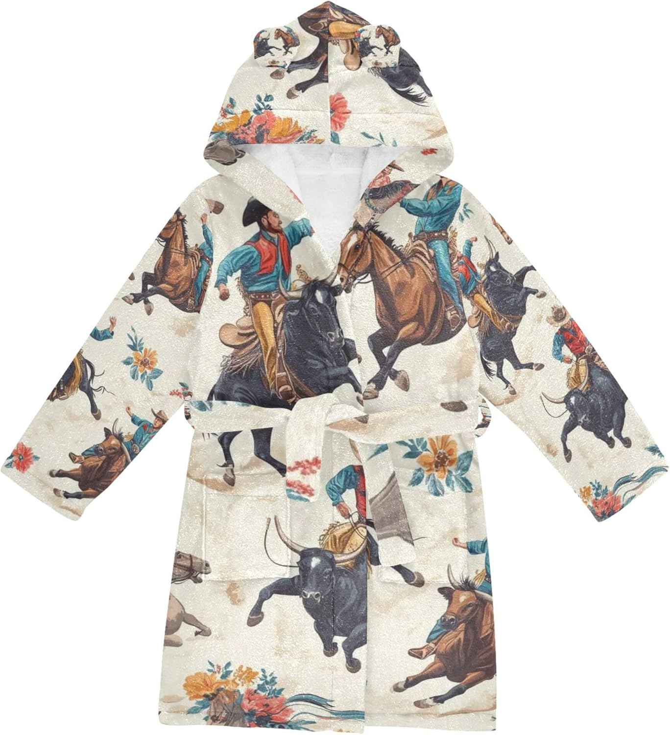 Cowboys Riding Bulls and Horse Retro Bathrobe Hooded PJ Robe Soft Fleece Robe Pajama Sleepwears 2-12 Years