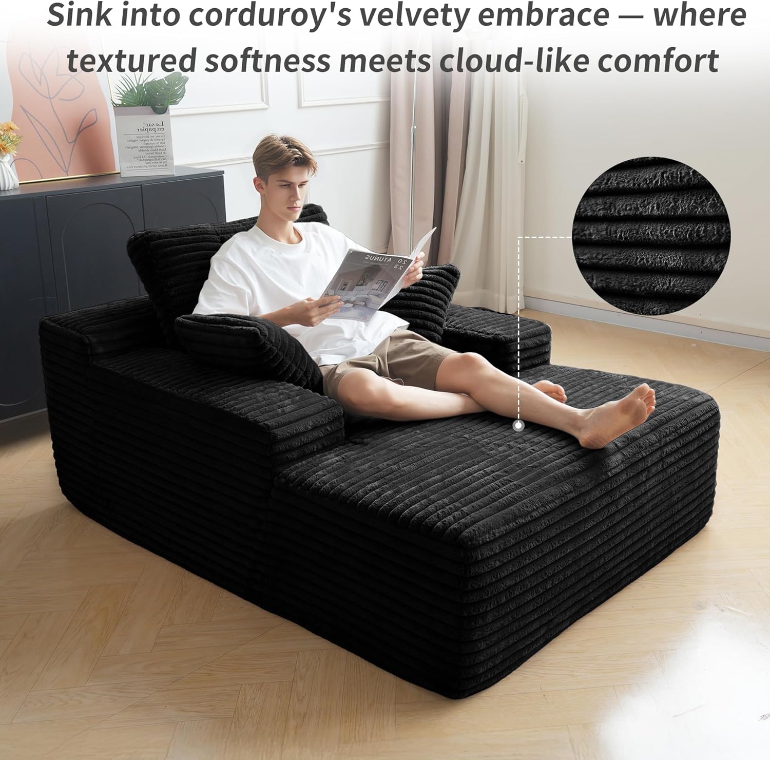 WJShome Oversized Chaise Lounge Chair Indoor, Plush Corduroy Boneless Sofa Bed, Cloud Reading Chair with Throw Pillow for Living Room (Black)