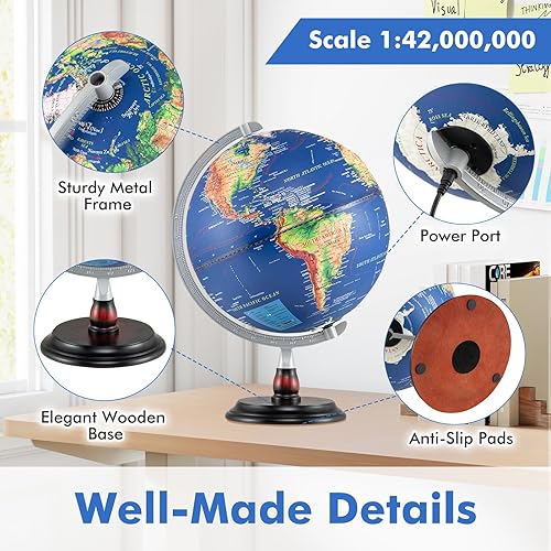 Miniatura 3 de Goplus Globo del mundo iluminado de 12 pulgadas, lámpara de noche giratoria antigua con soporte de madera, decoración de escritorio educativa de