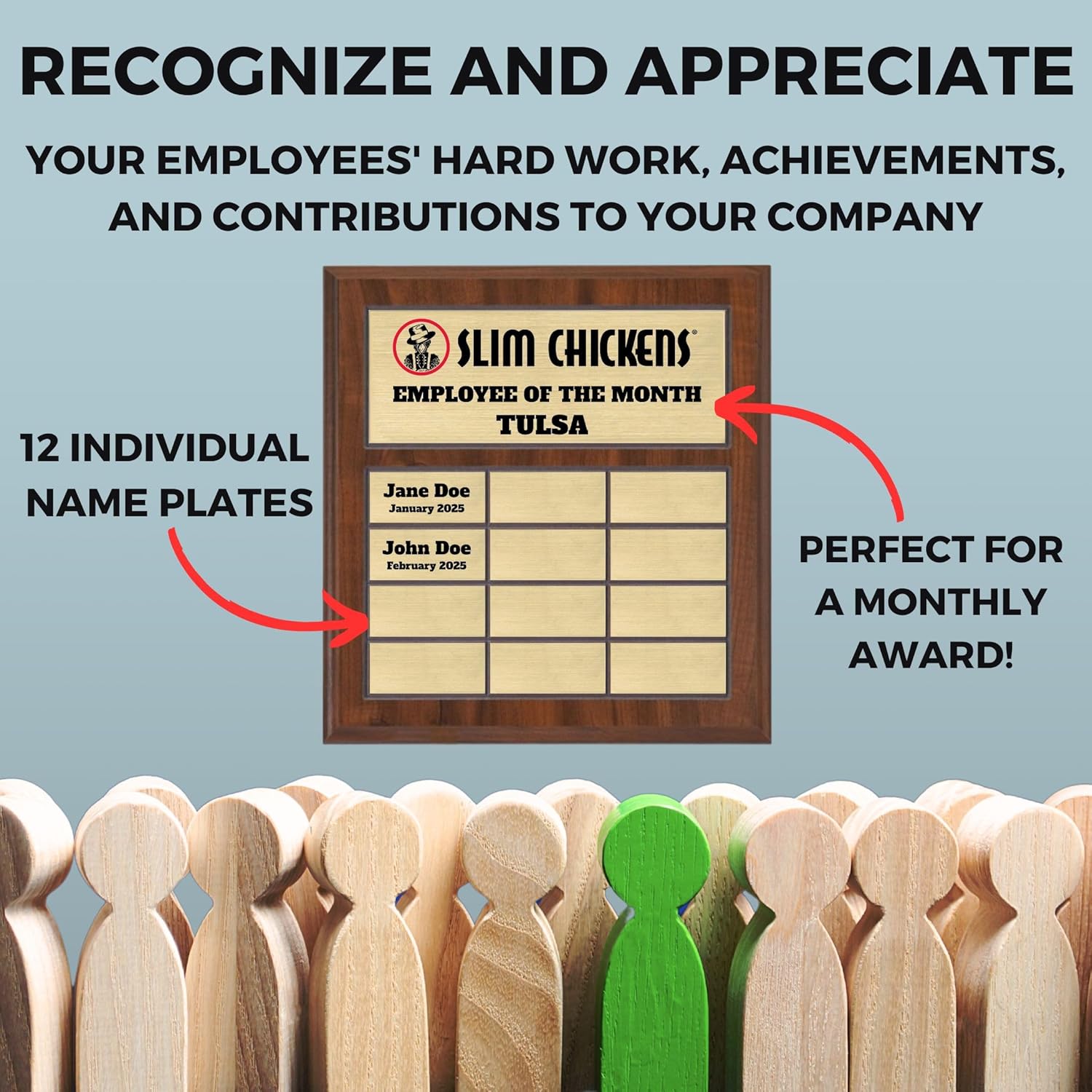 Custom Perpetual Plaque, Employee of The Month, Salesman of The Month Appreciation Award Gold Plates on Wood Grain Pressed Board (12 Plate - 12x12")