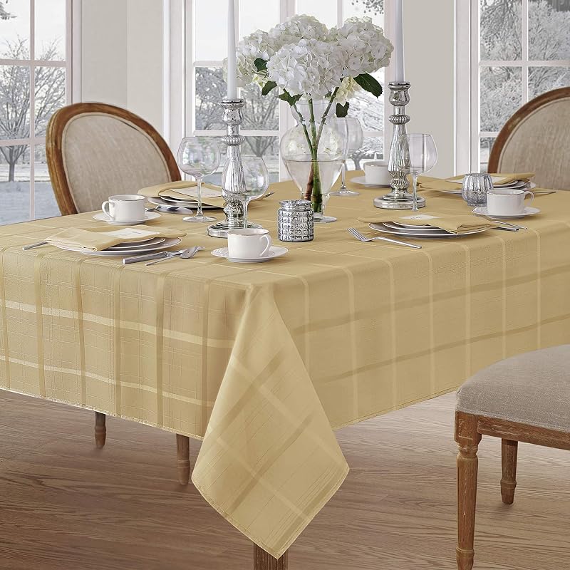52 x 70 Inch Rectangle Fabric Tablecloth, Elegance Plaid, 100% Polyester, No Iron Soil Resistant Dining Room, Party and Banquet Table Cover, Solid Textured, Ribbon Gold