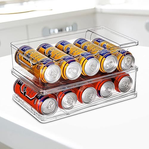 Miniatura 7 de Jucoan Paquete de 2 organizadores de latas delgadas para refrigerador, apilable, de 2 capas, dispensador automático de latas altas y delgadas para