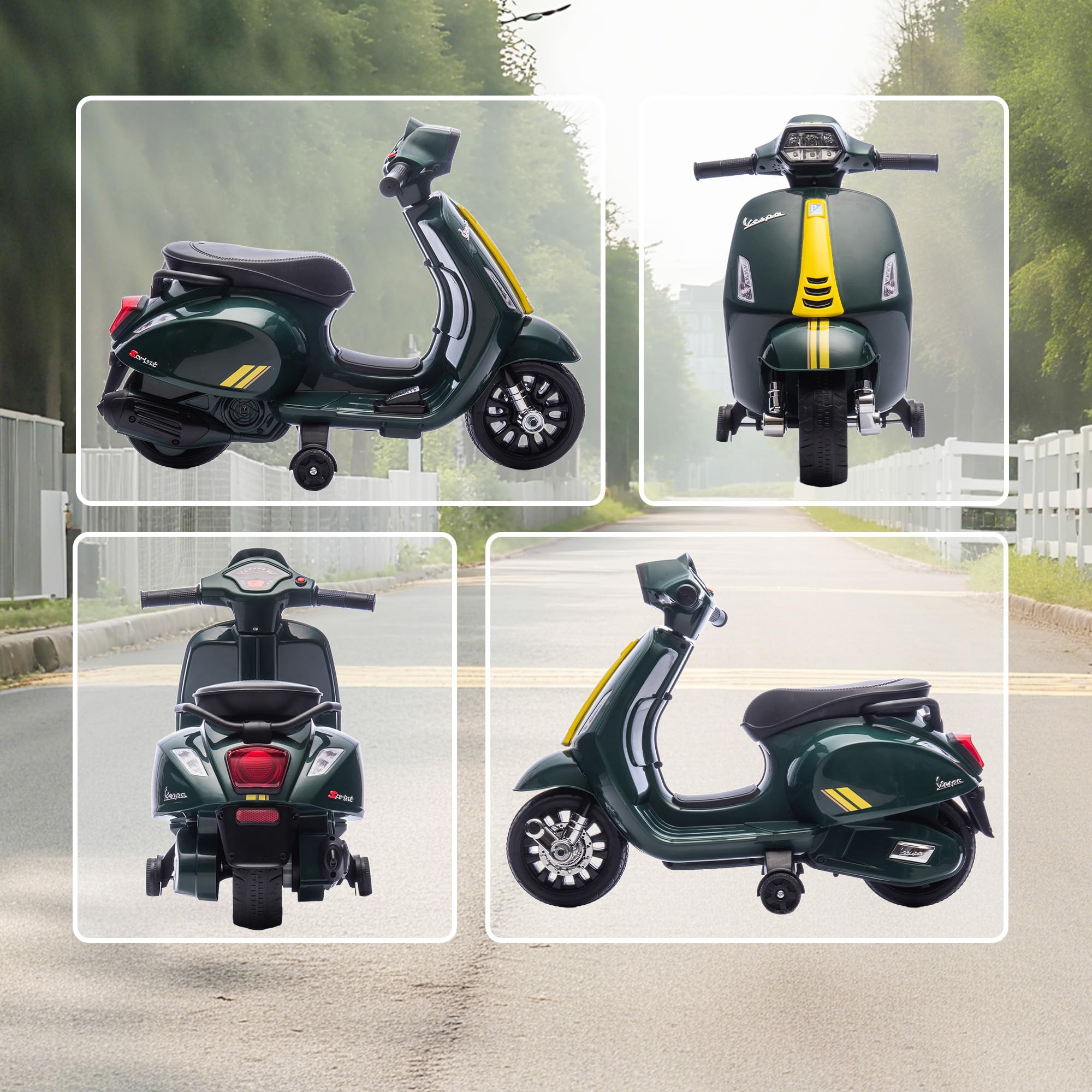 AIYAPLAY Moto Eléctrica para Niños 6V, Vespa con Licencia Oficial, con Ruedas de Aprendizaje de 17,5 cm, Velocidad 2,5 km/h, Faro y Bocina, para 2-6 Años, Verde Oscuro