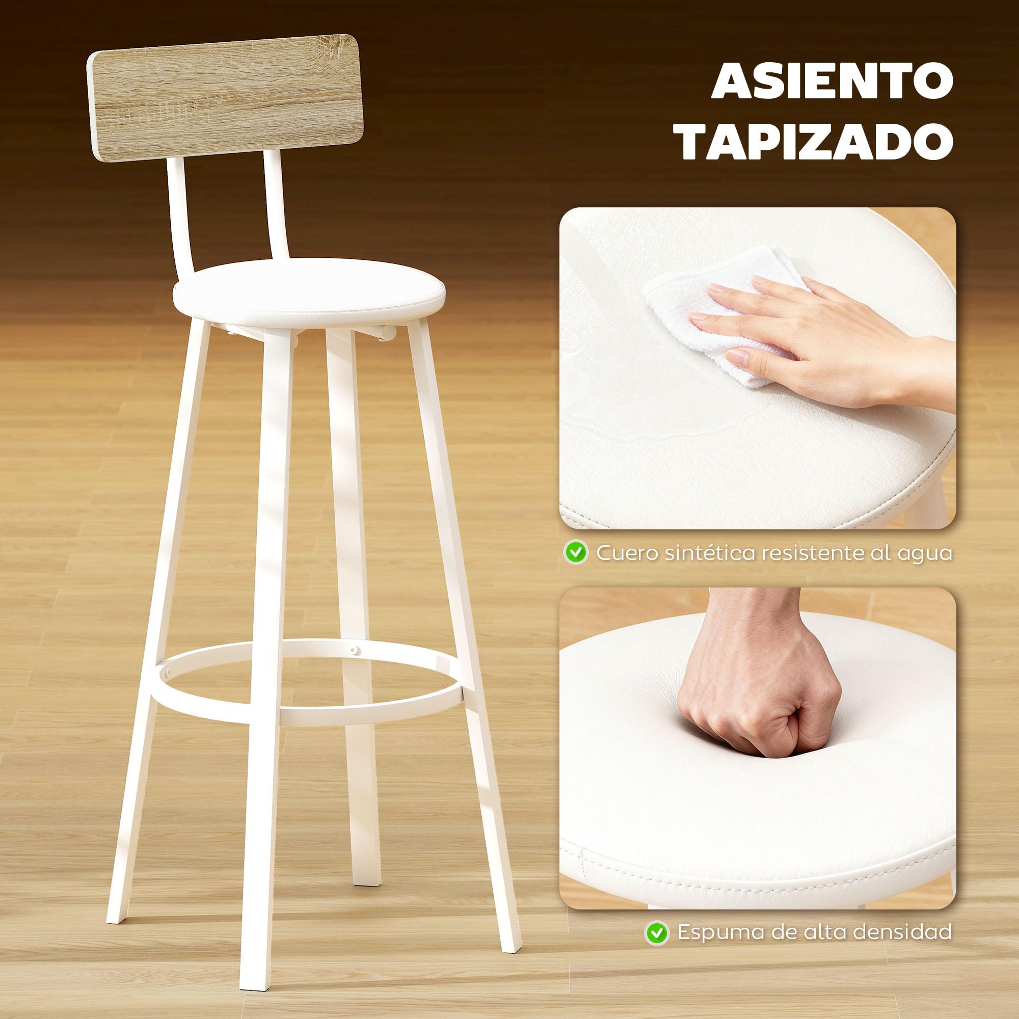 HOMCOM Juego de 2 Taburetes de Bar, Taburetes Altos de Cocina con Respaldo y Reposapiés, Tapizados de PU, Asiento de 75,5 cm de Altura, Fácil Montaje, Estilo Industrial, Natural y Blanco