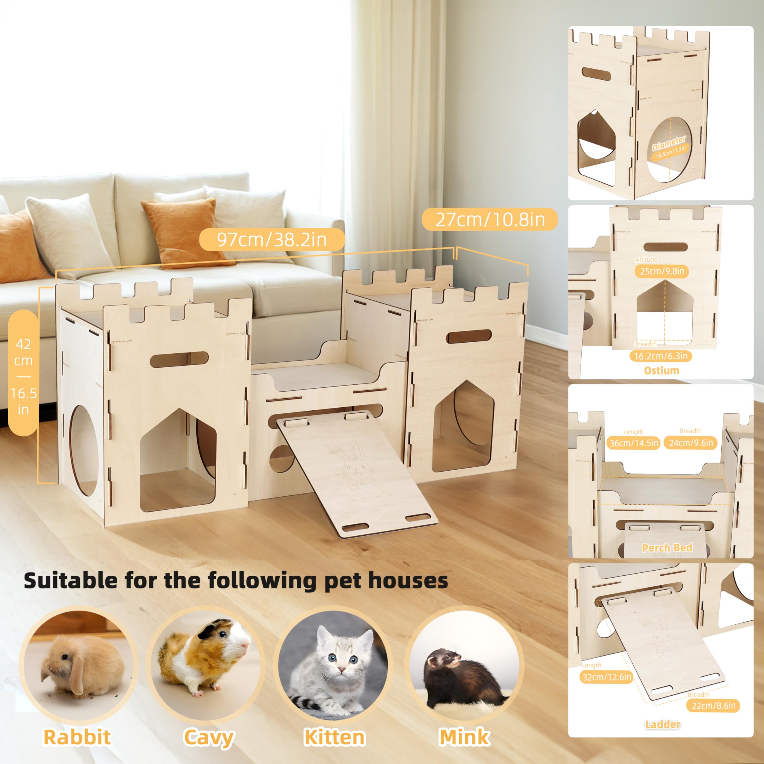 H1M9LX Extra Large Wooden Bunny Castle House Multistory Climbing Tower Hideout Ventilated Sturdy Habitat for Rabbit Guinea Pig Chinchilla Ferret