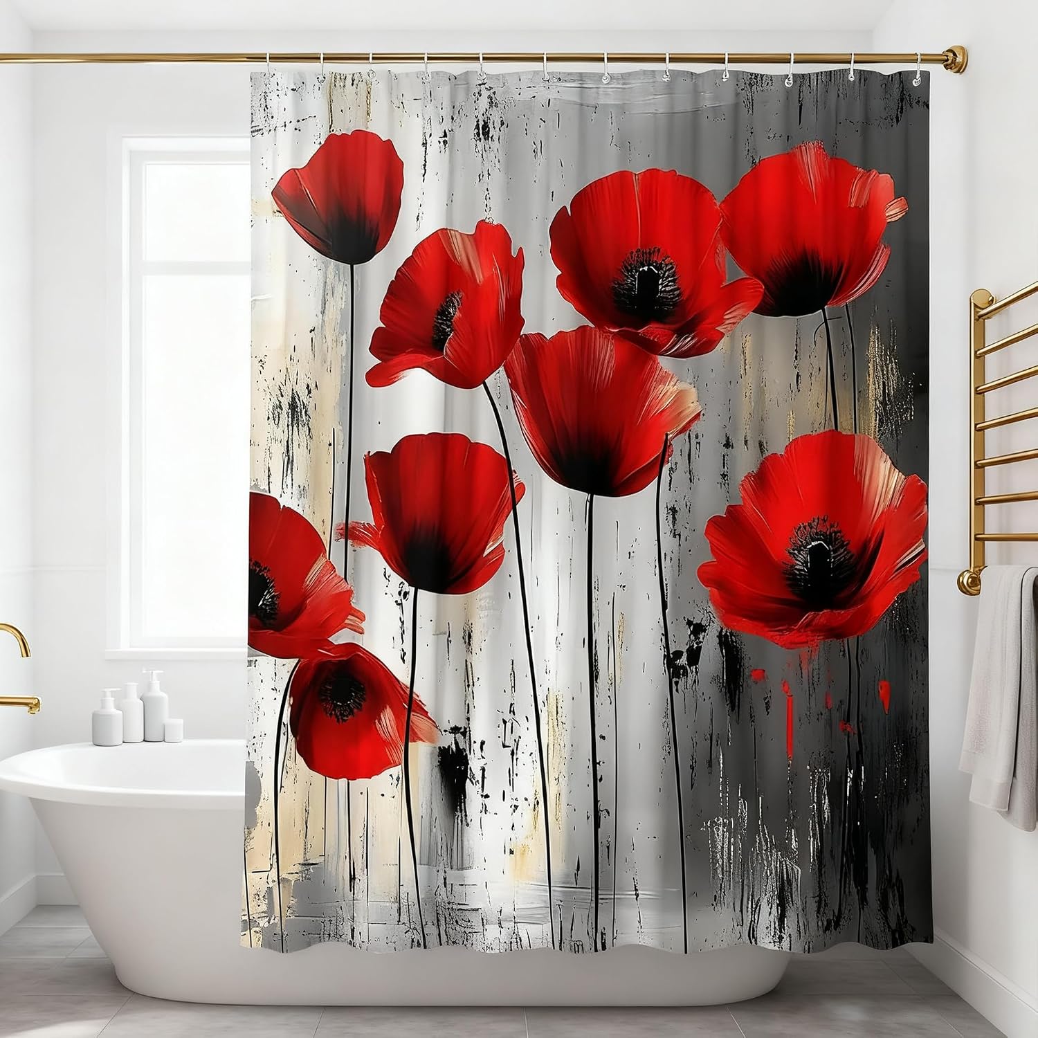 Red Floral Shower Curtain 70" Wx70 H Polyester Fabric
