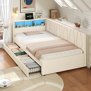 Miyemo Day Bed, 3ft Upholstered Single Bed Frame with Storage Drawers, Linen Sofa Bed with Charging-Station & LED- for Living Room/Bedroom/Study Room, 90 * 190cm, Beige, No Mattress
